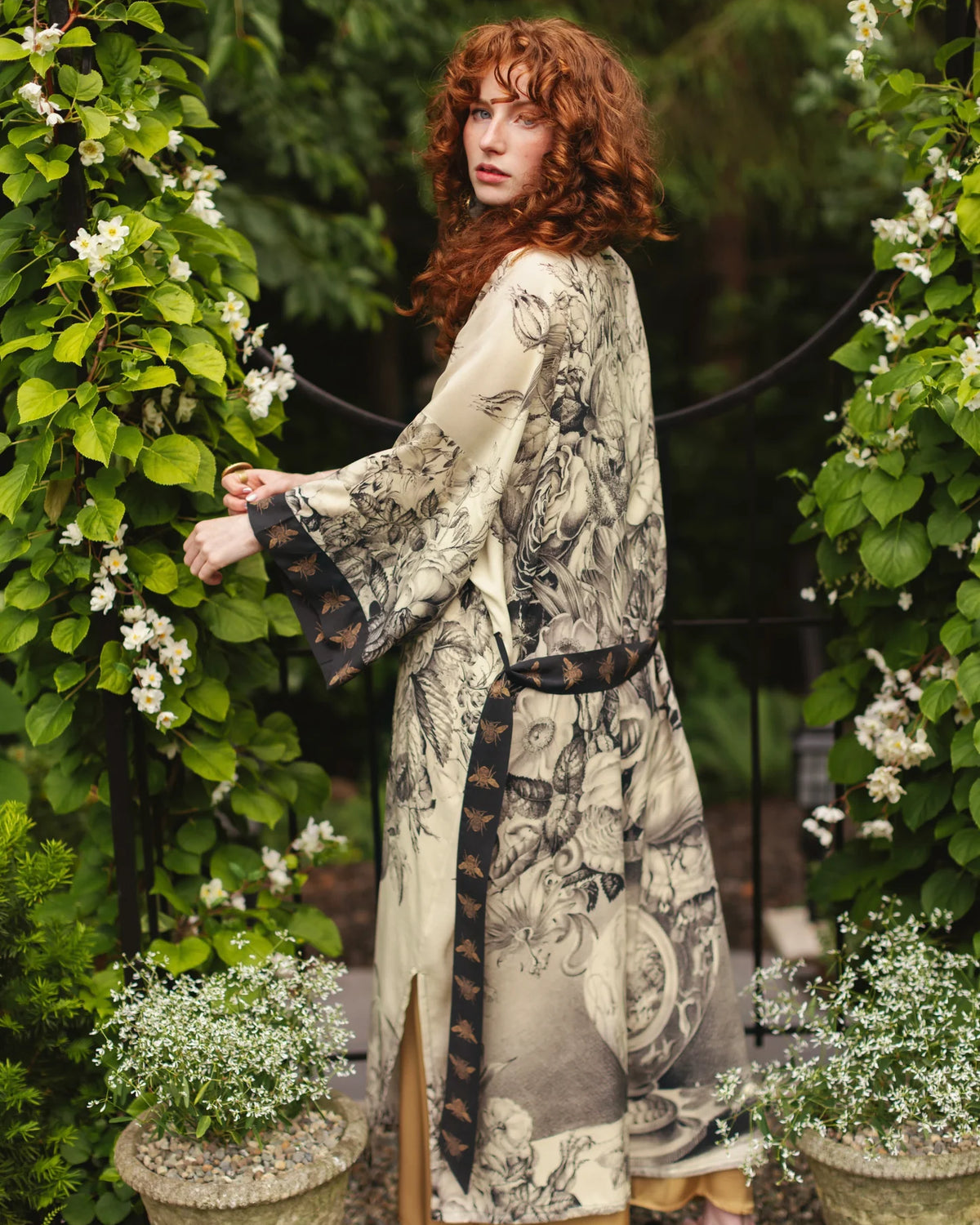 Market of Stars Honey and The Moon Opera Duster model back view with tie — Cloud Nine Pajamas Edmonton