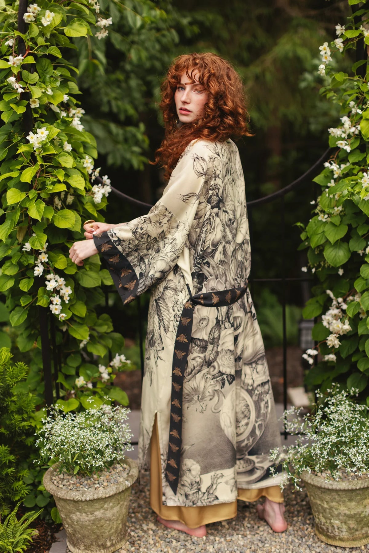Market of Stars Honey and The Moon Opera Duster model back view with tie — Cloud Nine Pajamas Edmonton