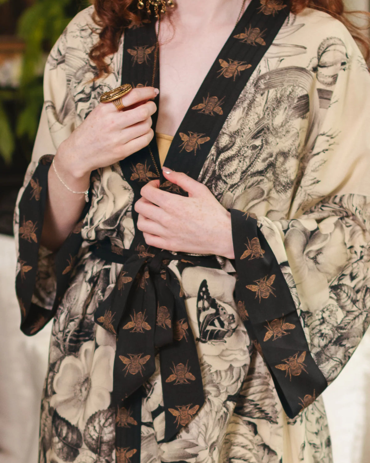 Market of Stars Honey and The Moon Opera Duster model front view close up showing tie — Cloud Nine Pajamas Edmonton