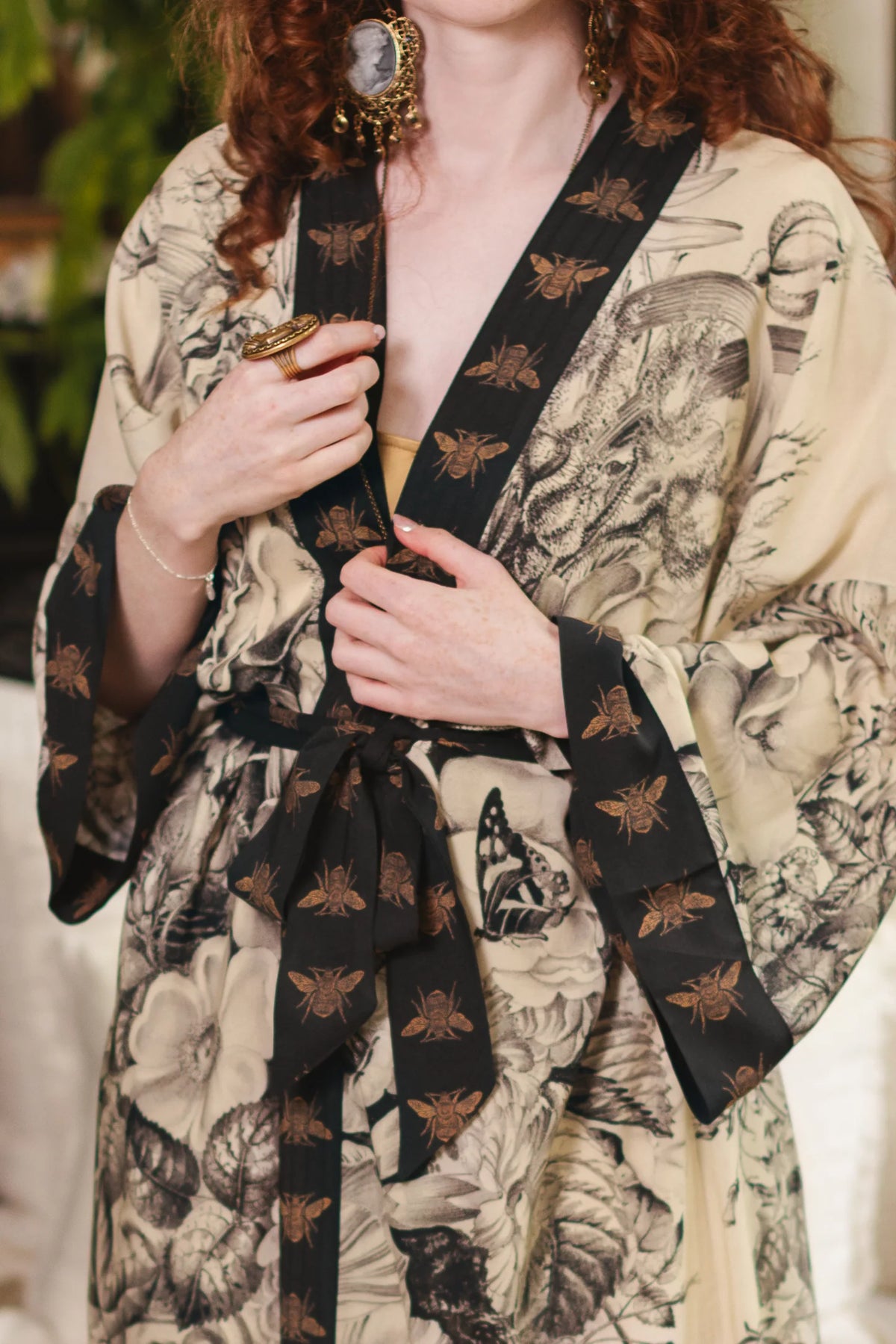 Market of Stars Honey and The Moon Opera Duster model front view close up showing tie — Cloud Nine Pajamas Edmonton