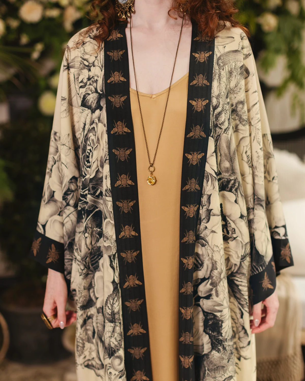 Market of Stars Honey and The Moon Opera Duster Victorian bee floral print close-up — Cloud Nine Pajamas