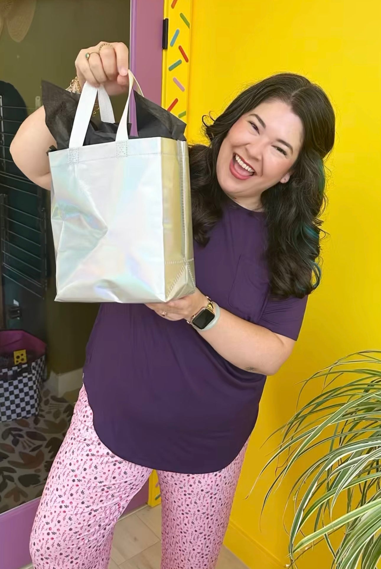 Flora's Garden Print Tee Floral Jogger PJ Set Bamboo YEG influencer Justine Mah showing off her limited edition pajamas