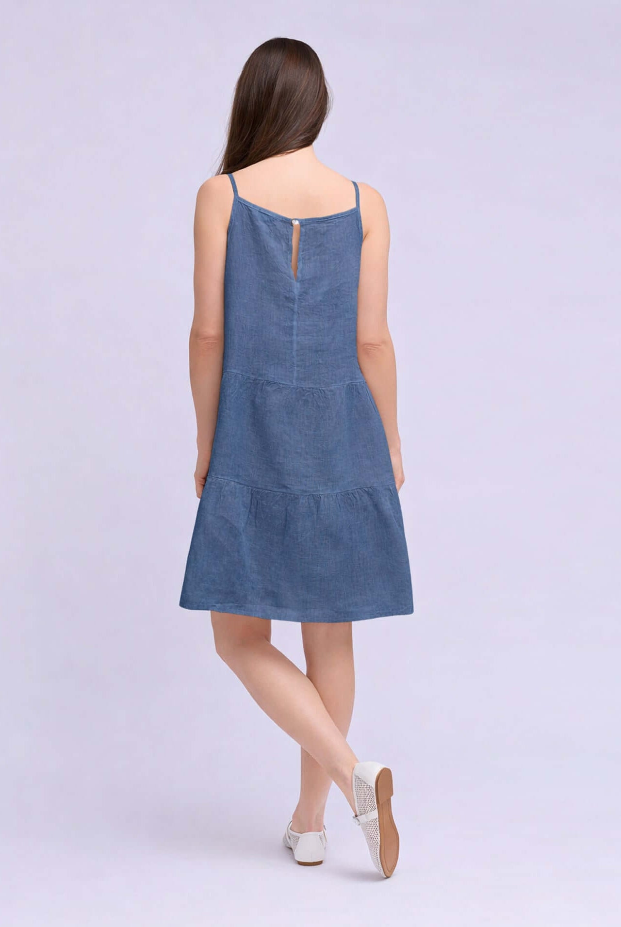 YOGA JEANS Isabella Linen Spaghetti Strap Dress showcased from the back, featuring a tiered design and adjustable straps.