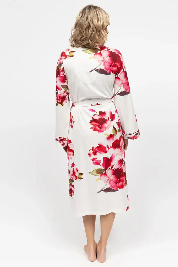 women's floral red and white print long kimono wrap robe by cyberjammies
