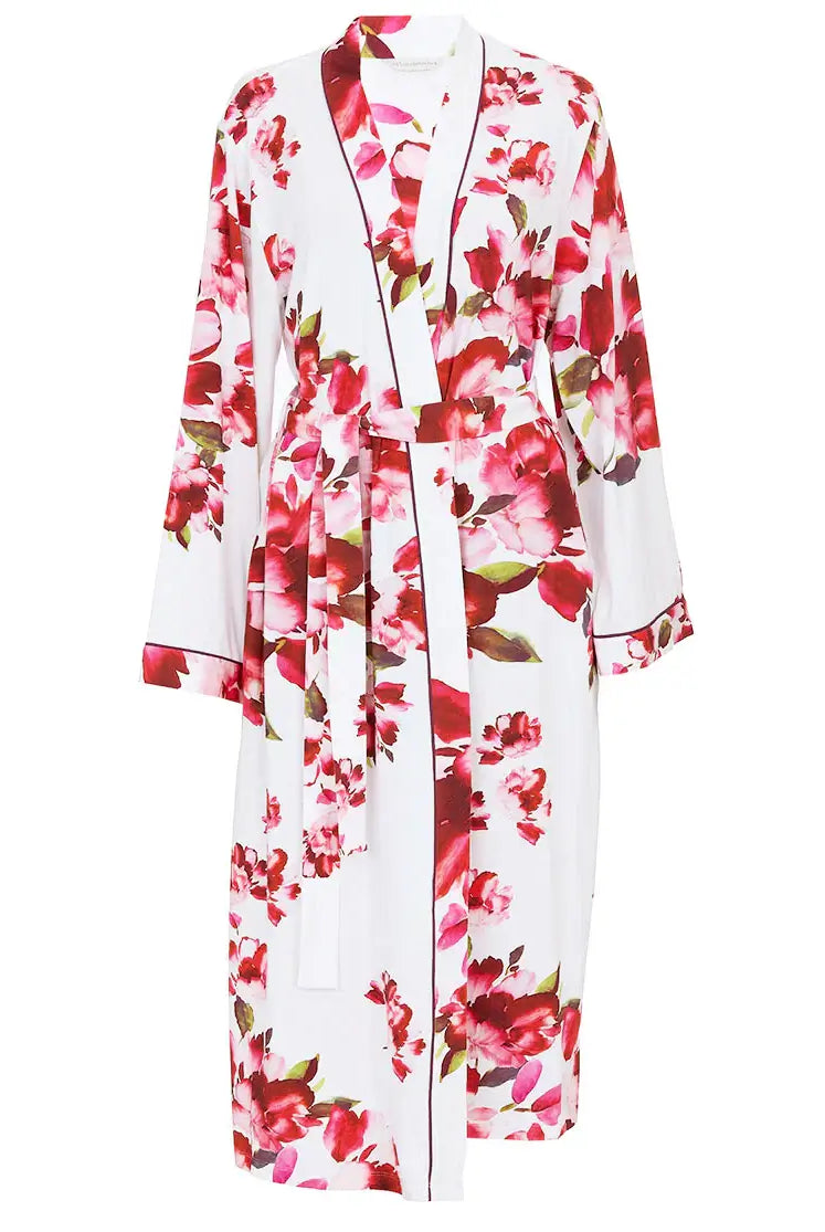 women's floral red and white print long kimono wrap robe by cyberjammies