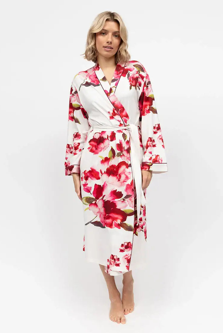 women's floral red and white print long kimono wrap robe by cyberjammies