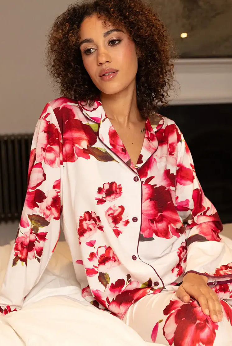women's red floral print button up pajama set in cotton modal by cyberjammies