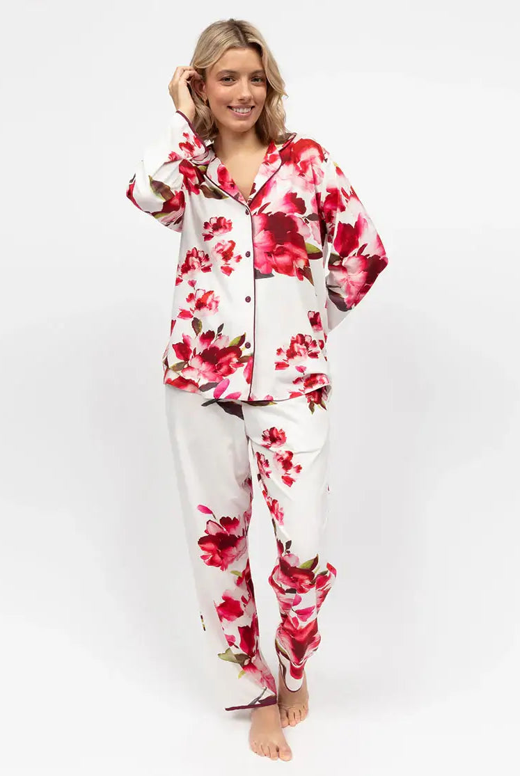 women's red floral print button up pajama set in cotton modal by cyberjammies