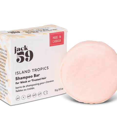 Jack59 Travel Buddies Shampoo Bar in Island Tropics for weak or treated hair, featuring a pink solid bar and eco-friendly packaging.