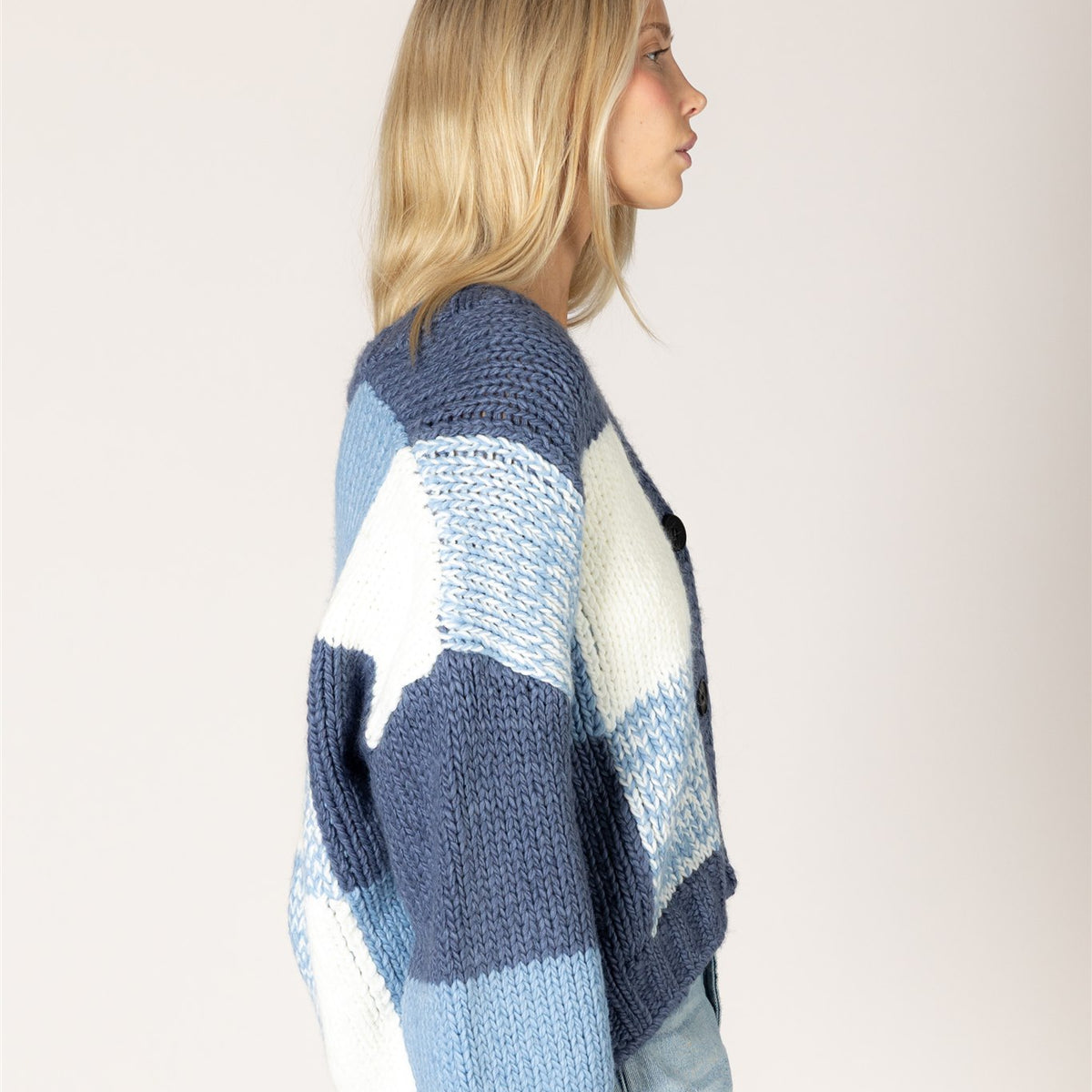 Lyla & Luxe LENNY chunky knit V-neck cardigan open front side view — Cloud Nine Pajamas