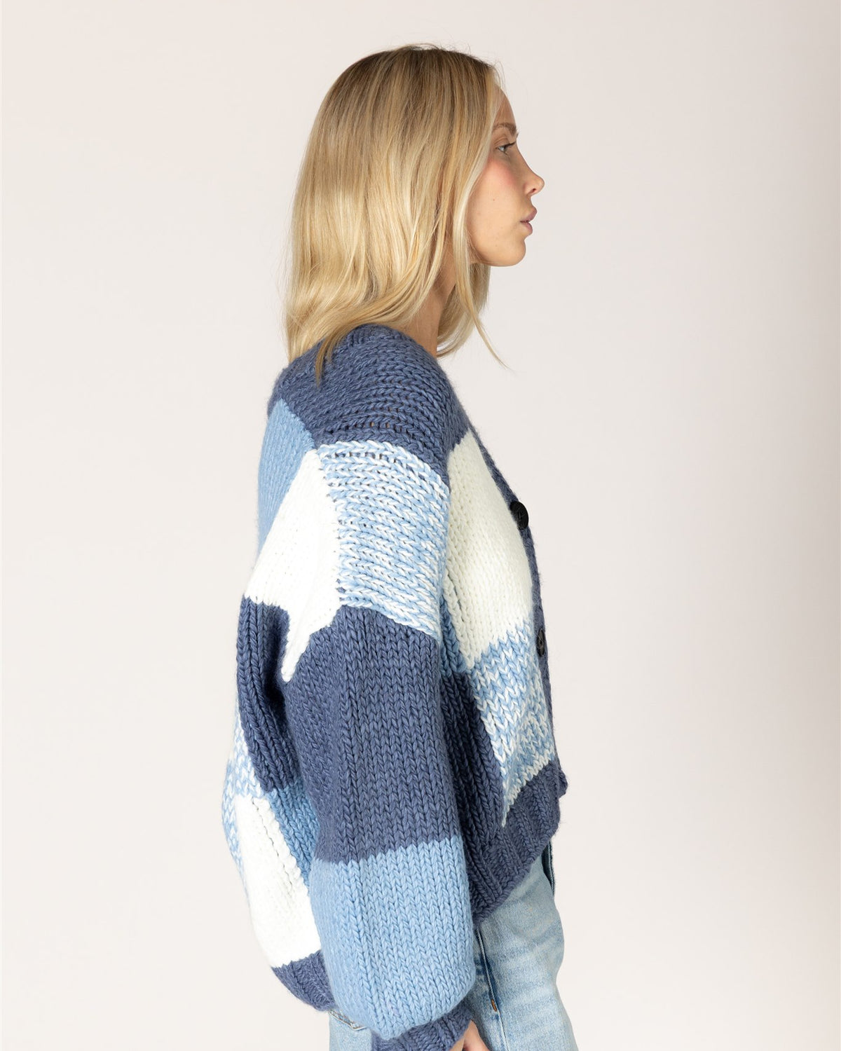 Lyla & Luxe LENNY chunky knit V-neck cardigan open front side view — Cloud Nine Pajamas