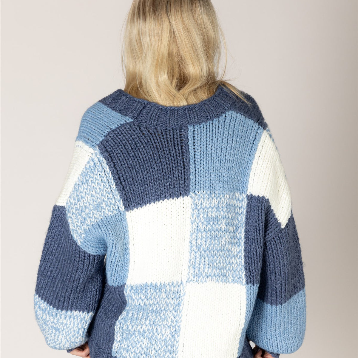 Lyla & Luxe LENNY blue denim graphic knit cardigan detail texture — Cloud Nine Pajamas