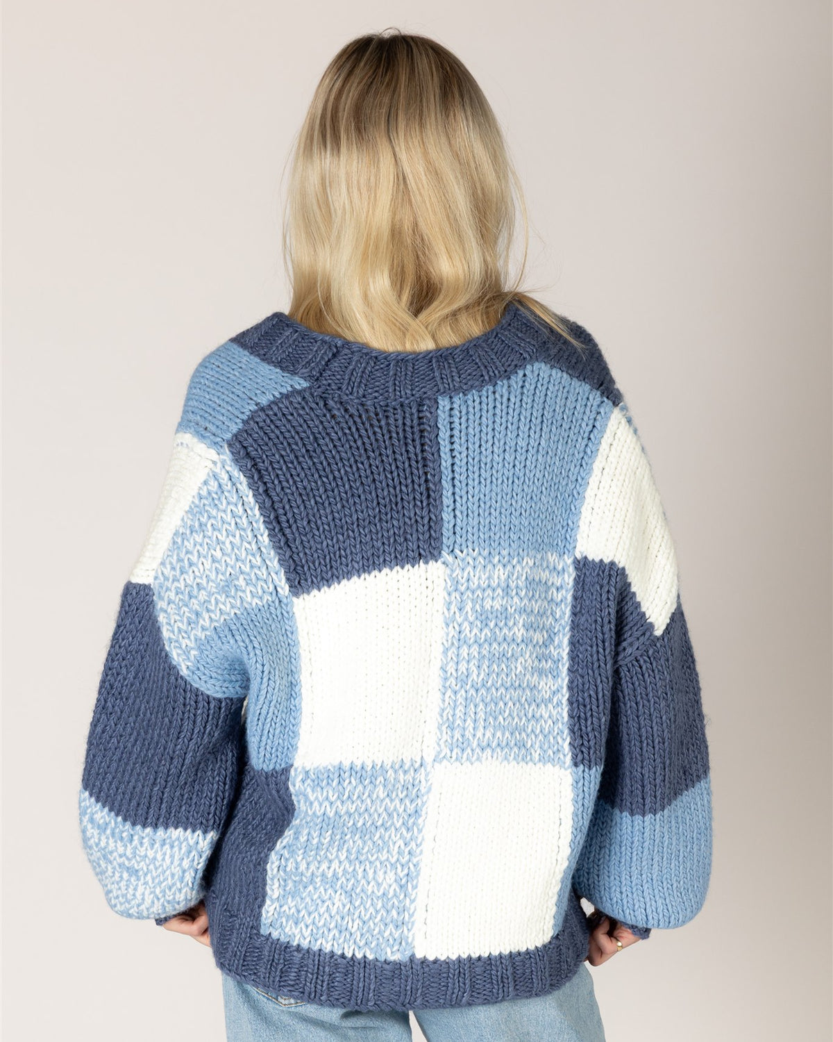 Lyla & Luxe LENNY blue denim graphic knit cardigan detail texture — Cloud Nine Pajamas