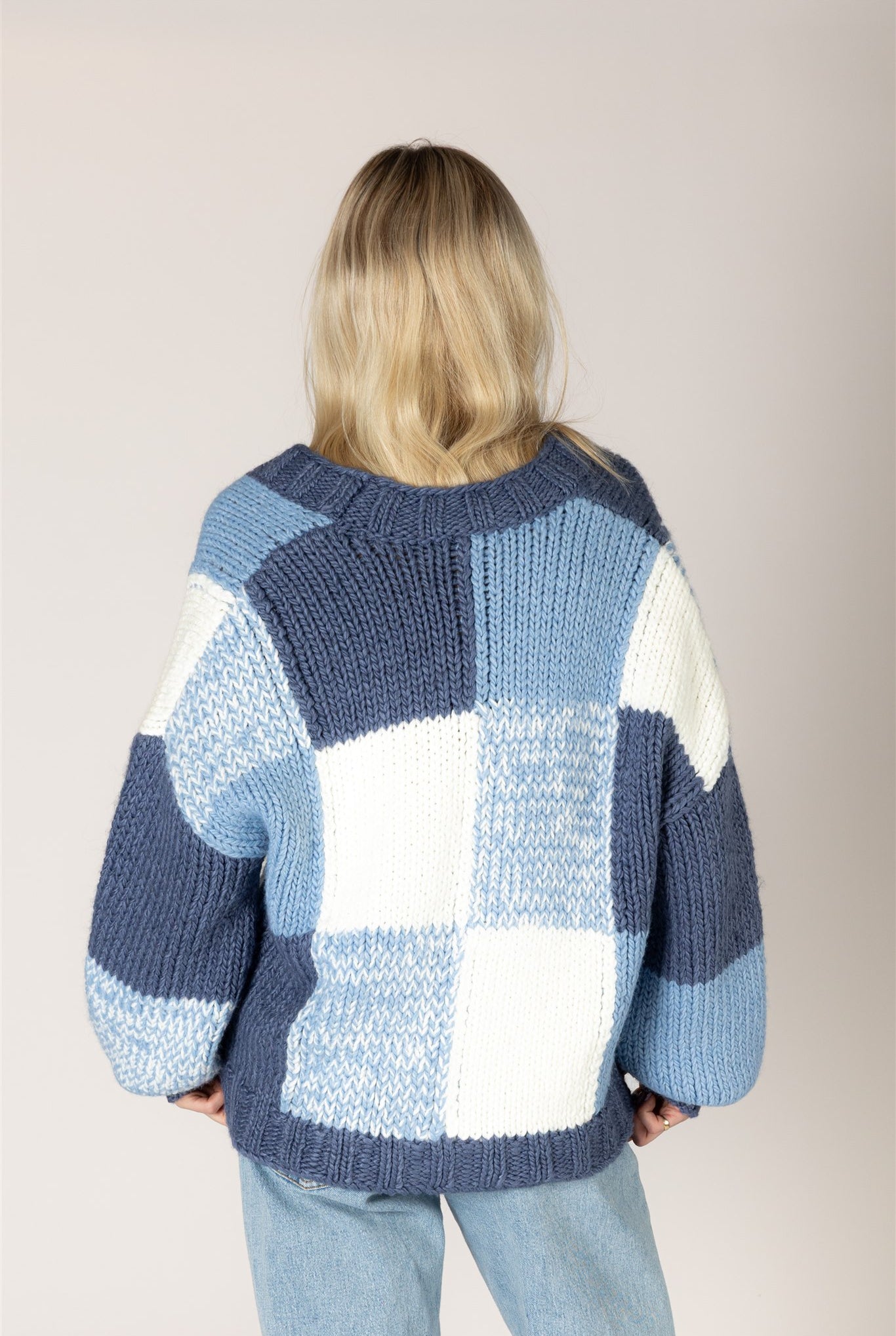 Lyla & Luxe LENNY blue denim graphic knit cardigan detail texture — Cloud Nine Pajamas