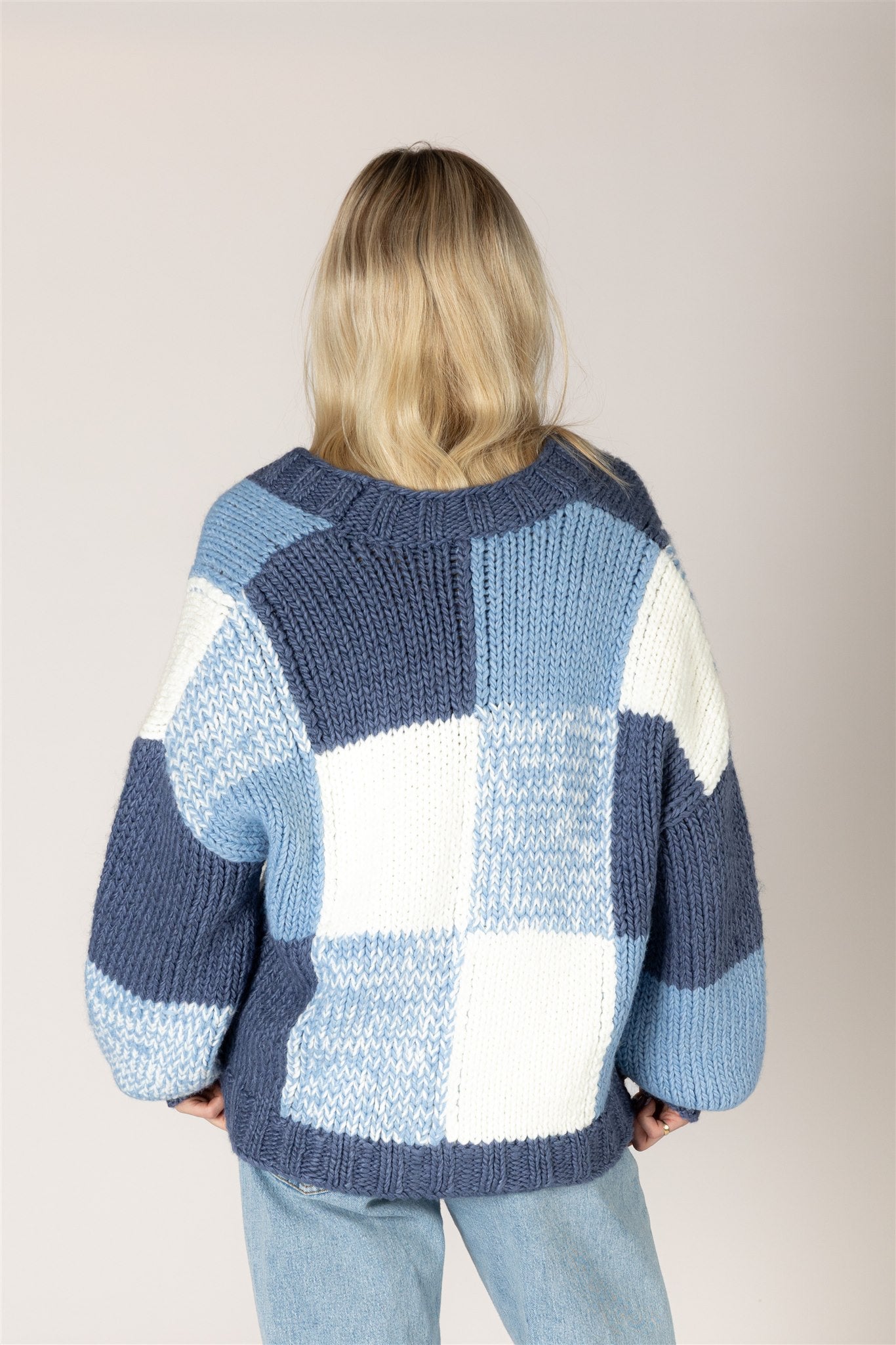 Lyla & Luxe LENNY blue denim graphic knit cardigan detail texture — Cloud Nine Pajamas