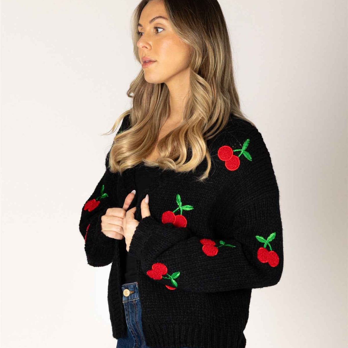 Lyla & Luxe Lexi Women's Hand Knit Open Cardigan in Black with Red Cherry Embroidery