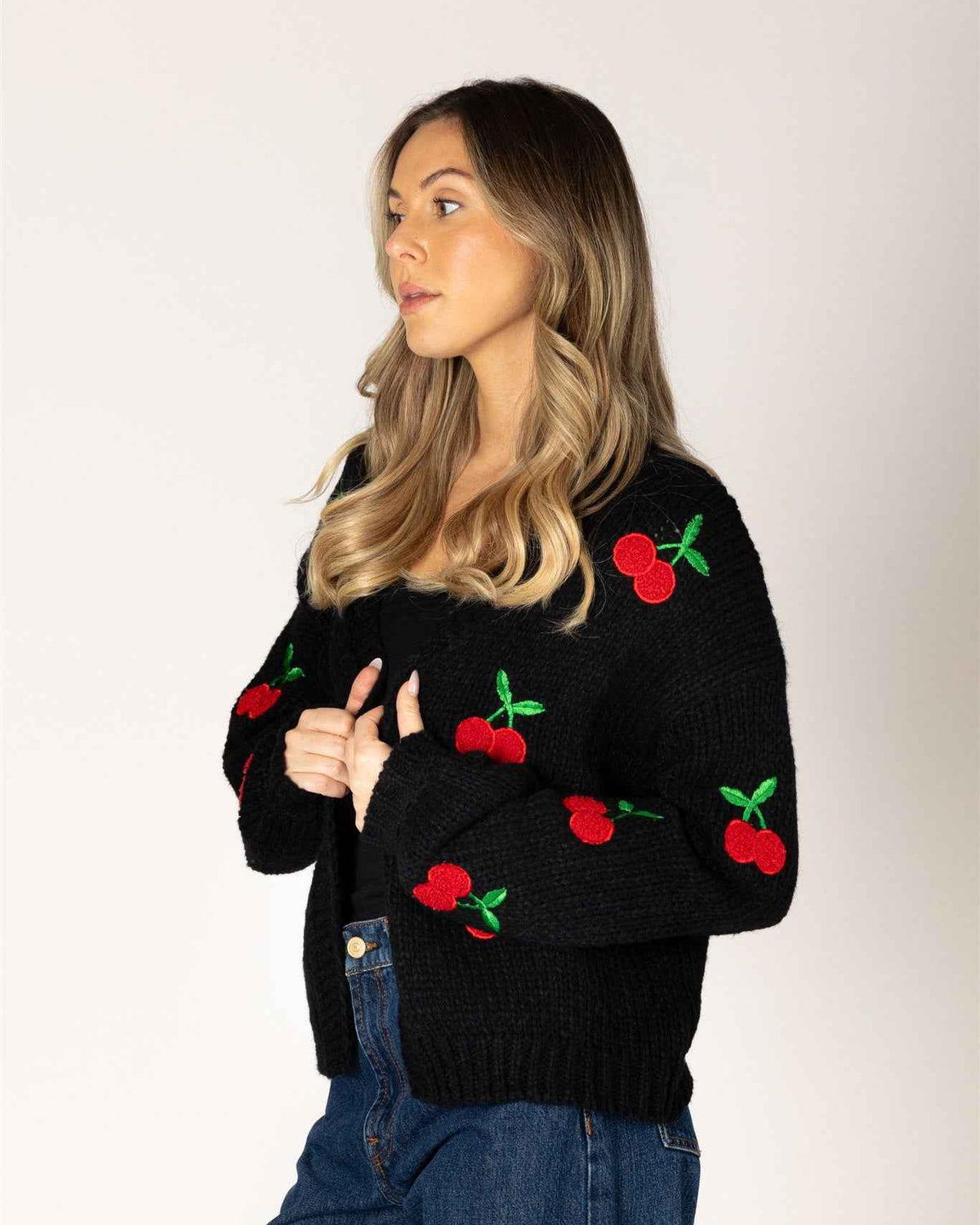Lyla & Luxe Lexi Women's Hand Knit Open Cardigan in Black with Red Cherry Embroidery