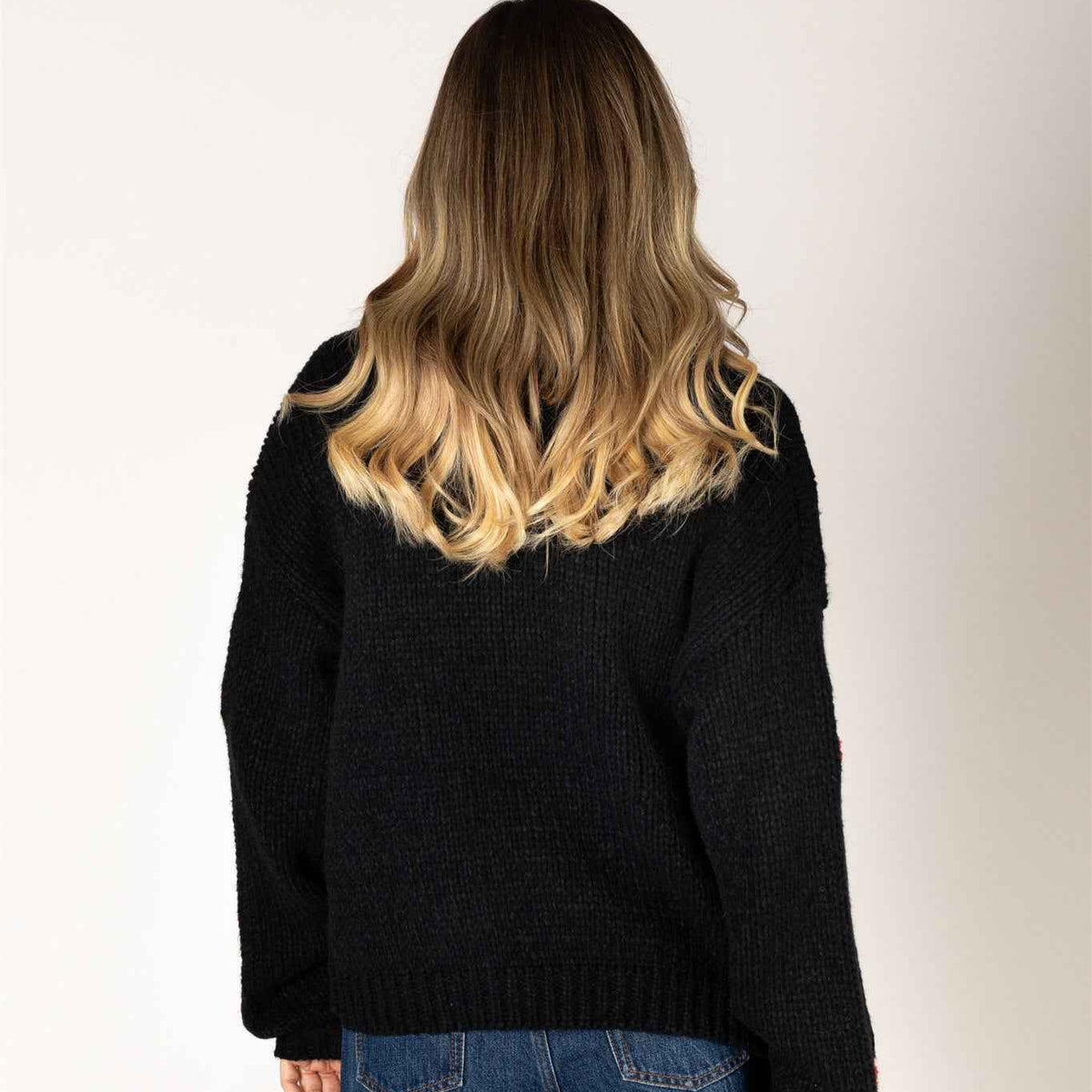 Lyla & Luxe Lexi Women's Hand Knit Open Cardigan in Black with Red Cherry Embroidery