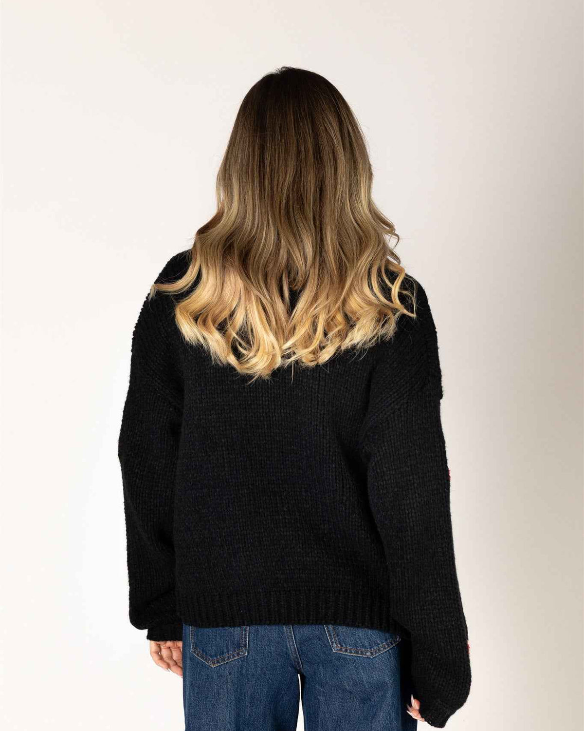 Lyla & Luxe Lexi Women's Hand Knit Open Cardigan in Black with Red Cherry Embroidery