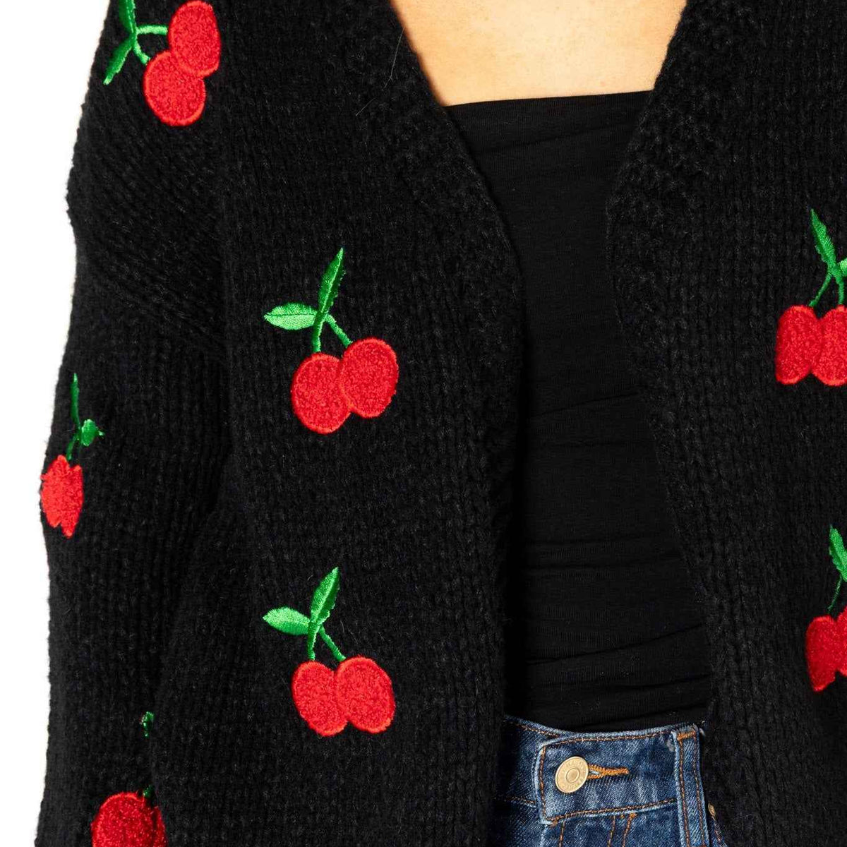 Lyla & Luxe Lexi Women's Hand Knit Open Cardigan in Black with Red Cherry Embroidery