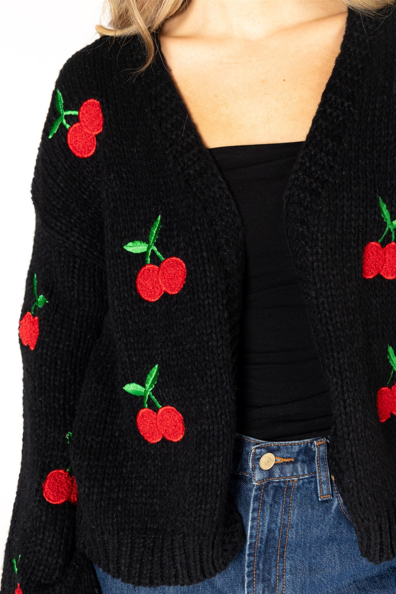 Lyla & Luxe Lexi cherry embroidery detail close-up on black knit — Cloud Nine Pajamas