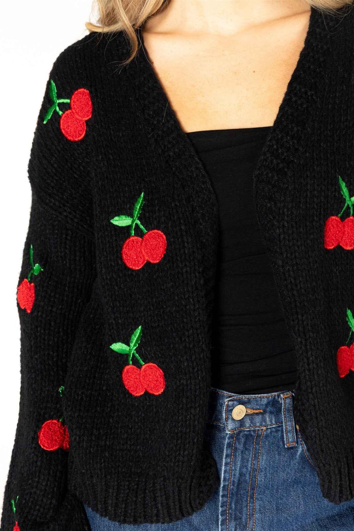 Lyla & Luxe Lexi Women's Hand Knit Open Cardigan in Black with Red Cherry Embroidery