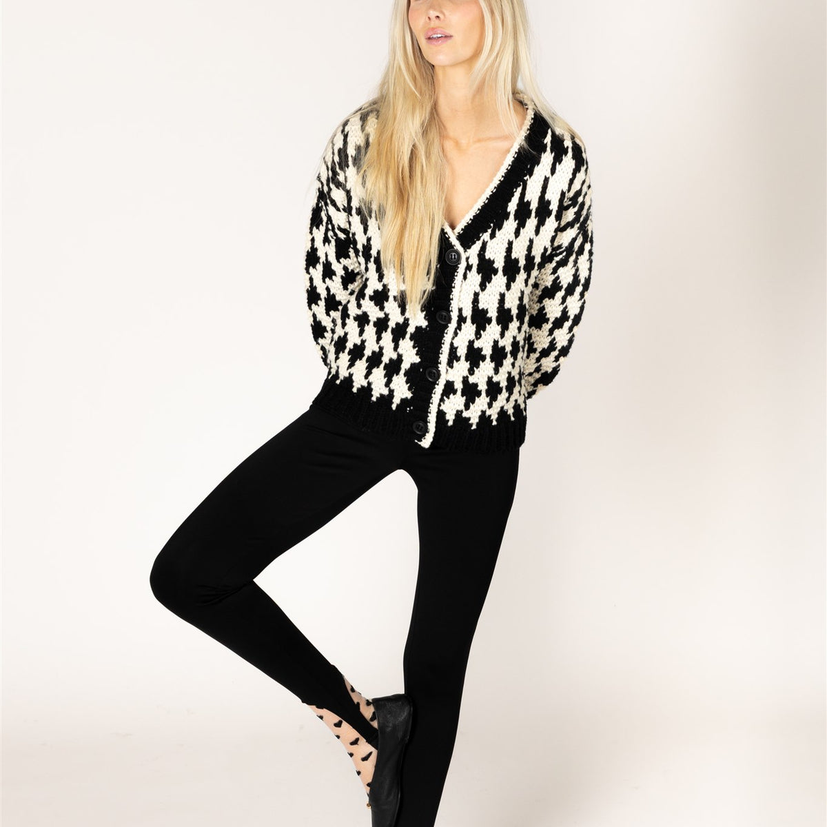 Lyla & Luxe Libby Hand Knit Houndstooth Cardigan Black Cream front view — Cloud Nine Pajamas