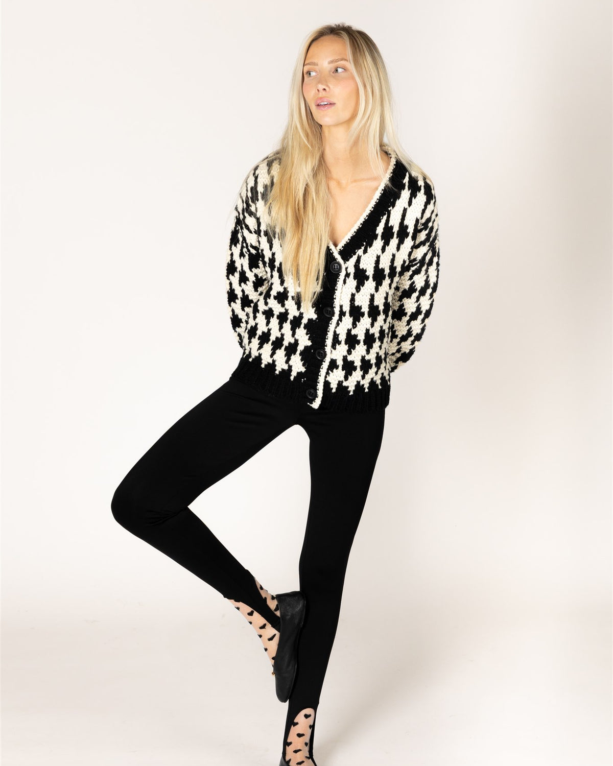 Lyla & Luxe Libby Hand Knit Houndstooth Cardigan Black Cream front view — Cloud Nine Pajamas