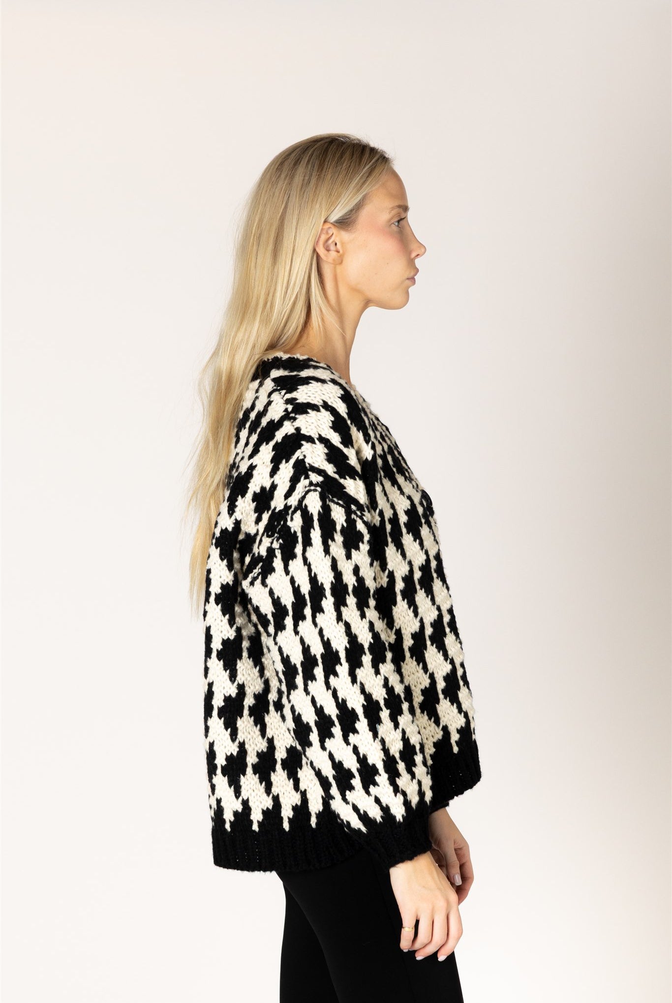 Lyla & Luxe Libby Black Cream cardigan side view open front — Cloud Nine Pajamas