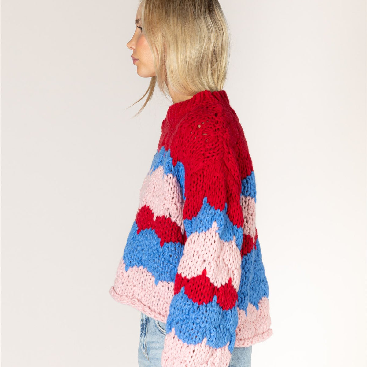 Lyla & Luxe LYNN bold stripe chunky knit pullover front view — Cloud Nine Pajamas