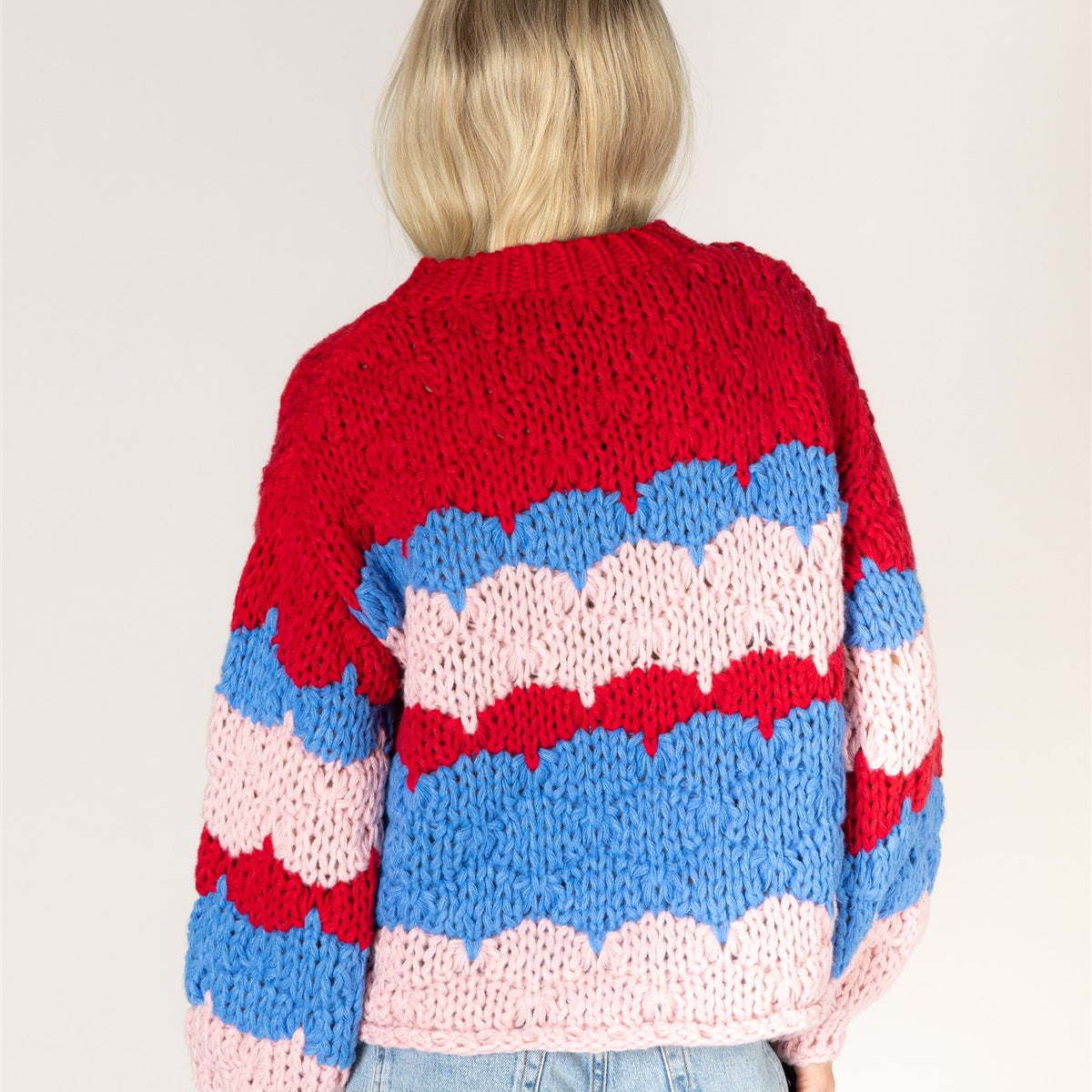 Lyla & Luxe LYNN red blue pink stripe sweater side view — Cloud Nine Pajamas