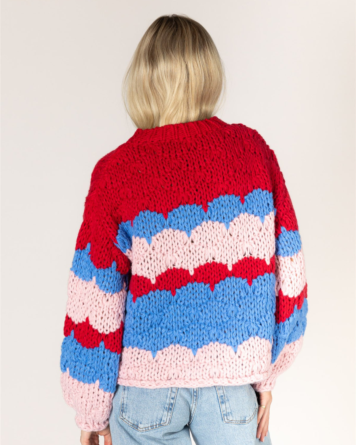 Lyla & Luxe LYNN red blue pink stripe sweater side view — Cloud Nine Pajamas