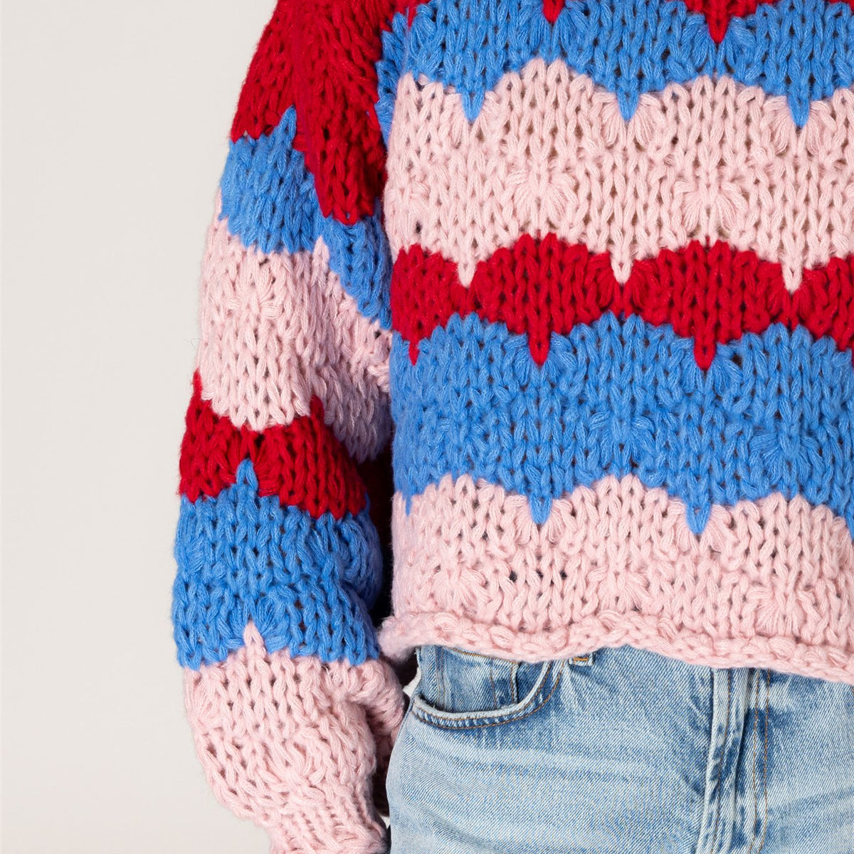 Lyla & Luxe LYNN bold stripe hand-knit sweater lifestyle — Cloud Nine Pajamas Edmonton
