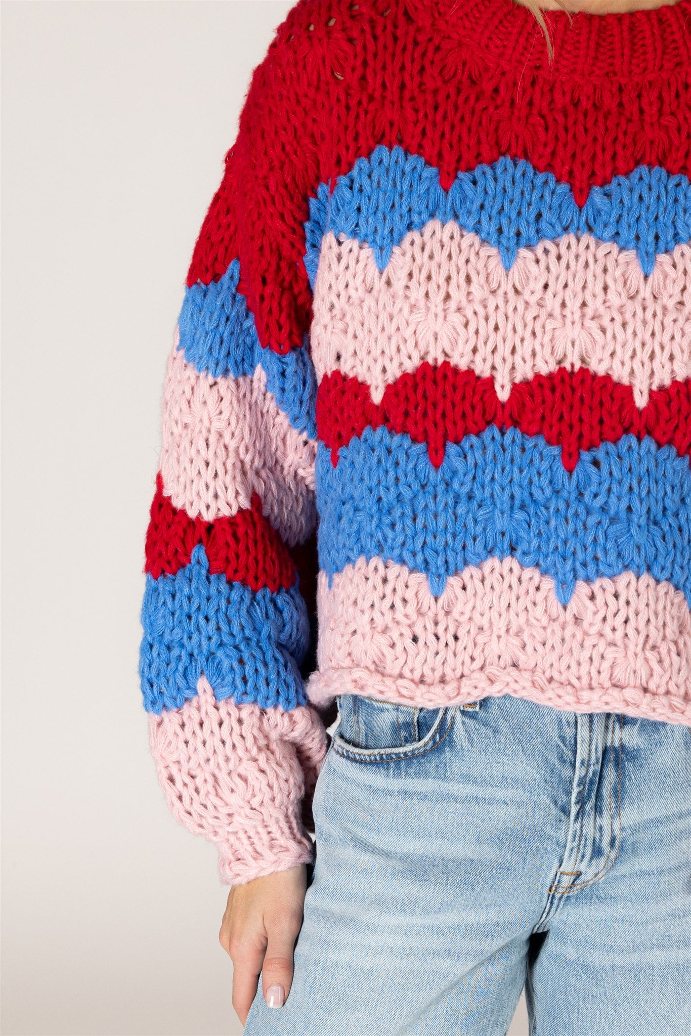 Lyla & Luxe LYNN bold stripe hand-knit sweater lifestyle — Cloud Nine Pajamas Edmonton