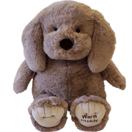 Warm Buddy Weighted Cuddle Puppy Taupe 18" microwavable heat therapeutic stuffed animal — Cloud Nine Pajamas Edmonton
