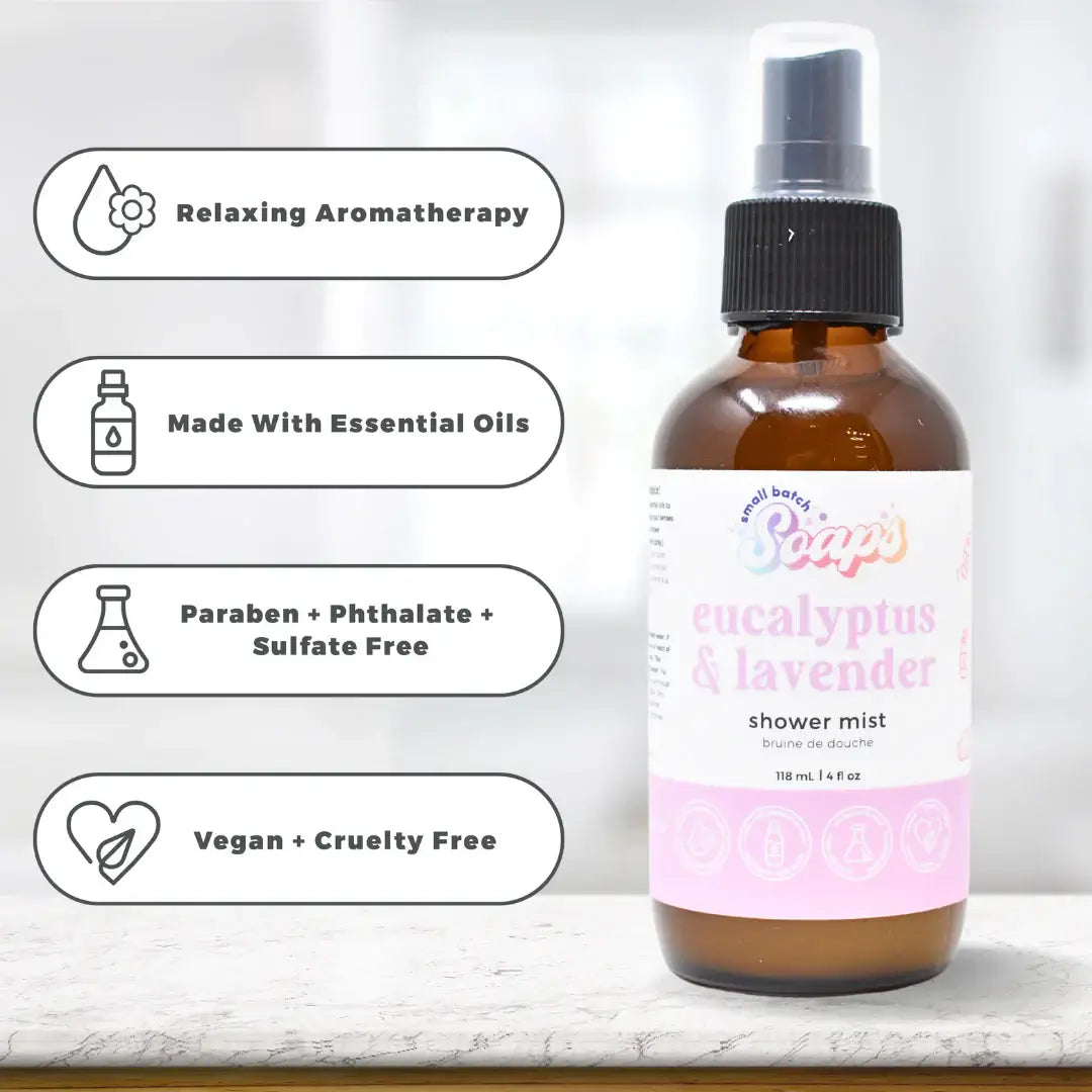 Eucalyptus Lavender Shower Mist bottle showcasing relaxing aromatherapy and essential oils benefits, 118 ml size.