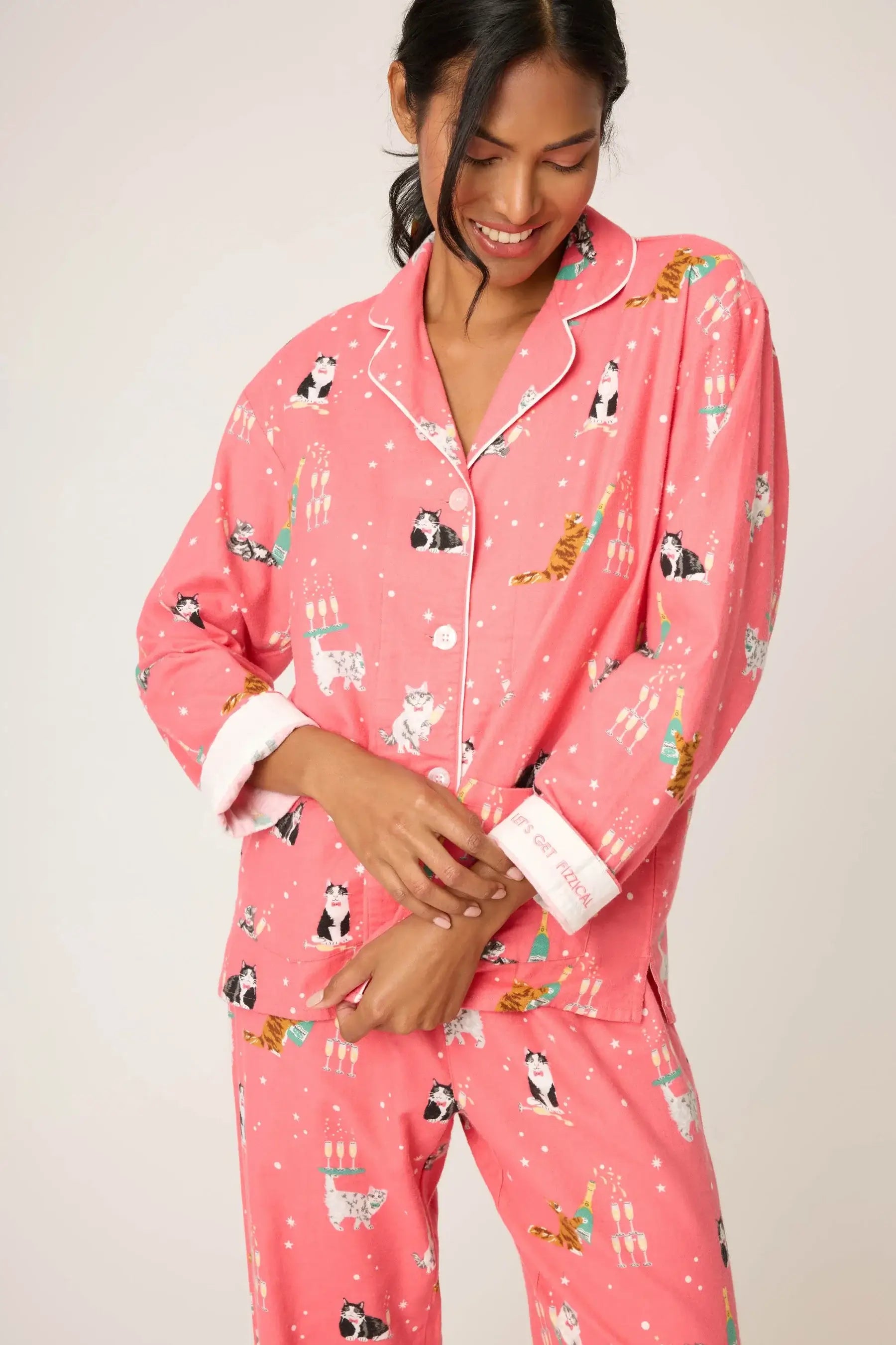 women's flannel pajama set with cats drinking champagne print pj salvage