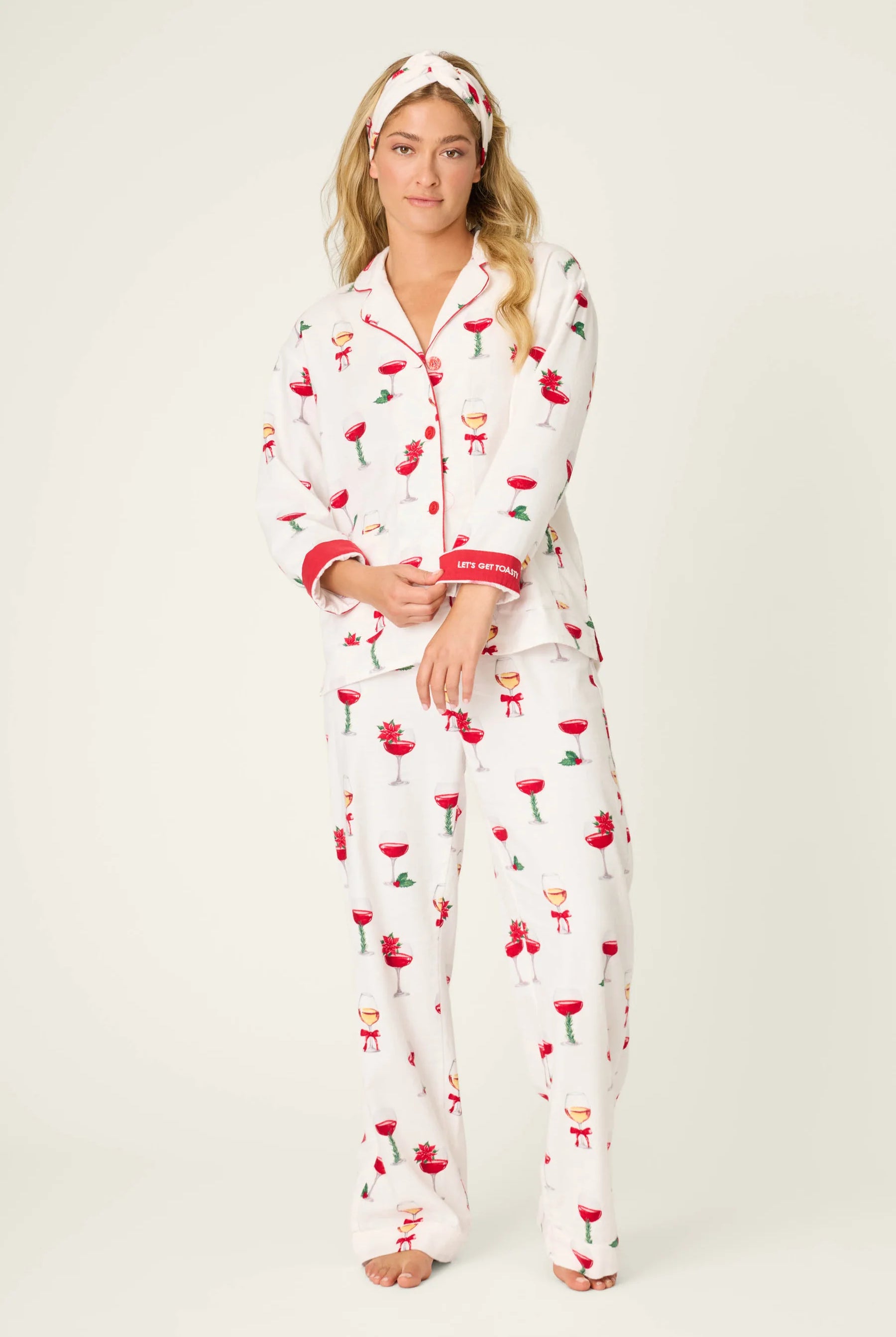 Let's Get Toasty 3-Piece Flannel PJ Set featuring festive wine print on soft fabric for cozy holiday nights.