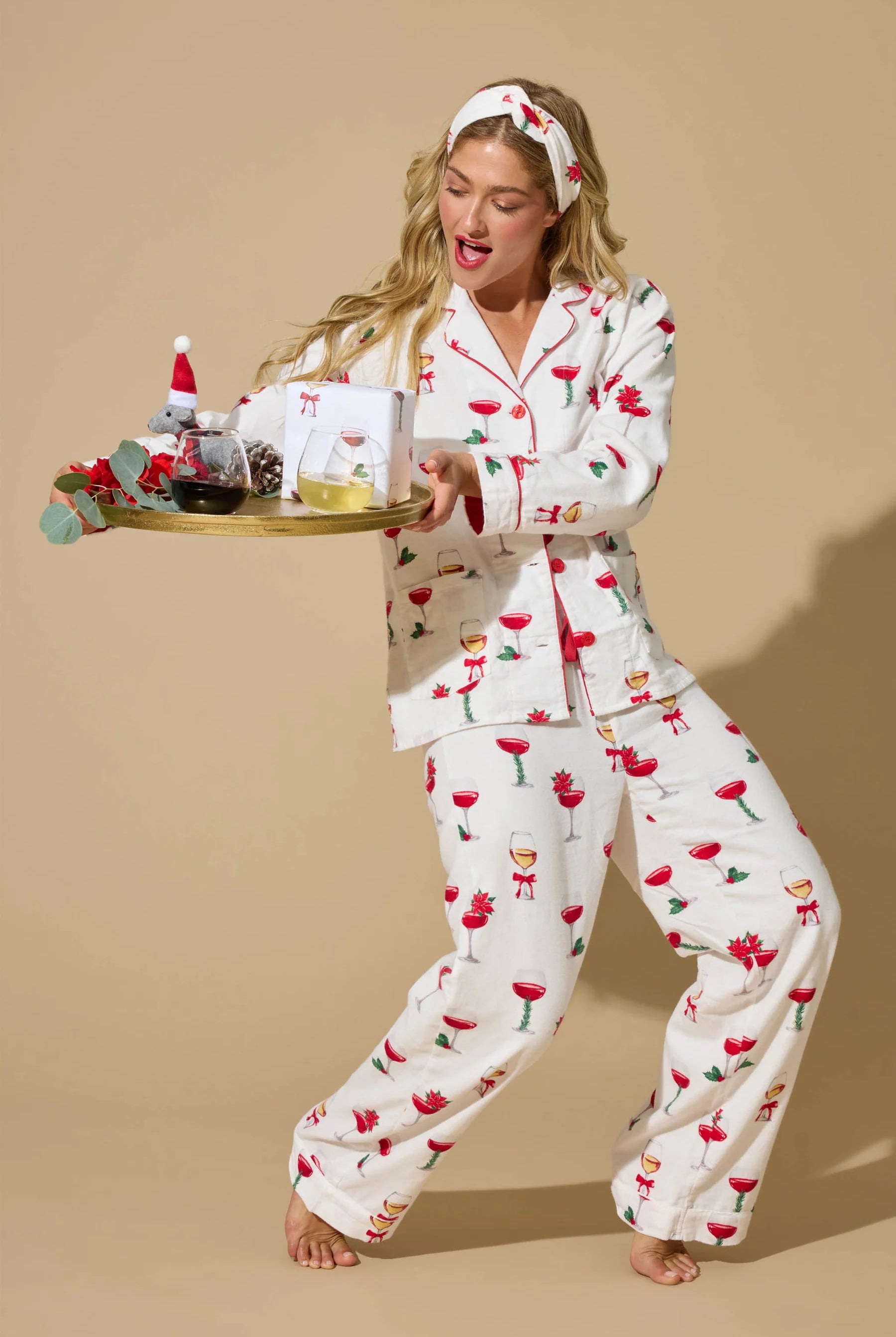 Let's Get Toasty 3-Piece Flannel PJ Set featuring festive wine print on soft fabric for cozy holiday nights.