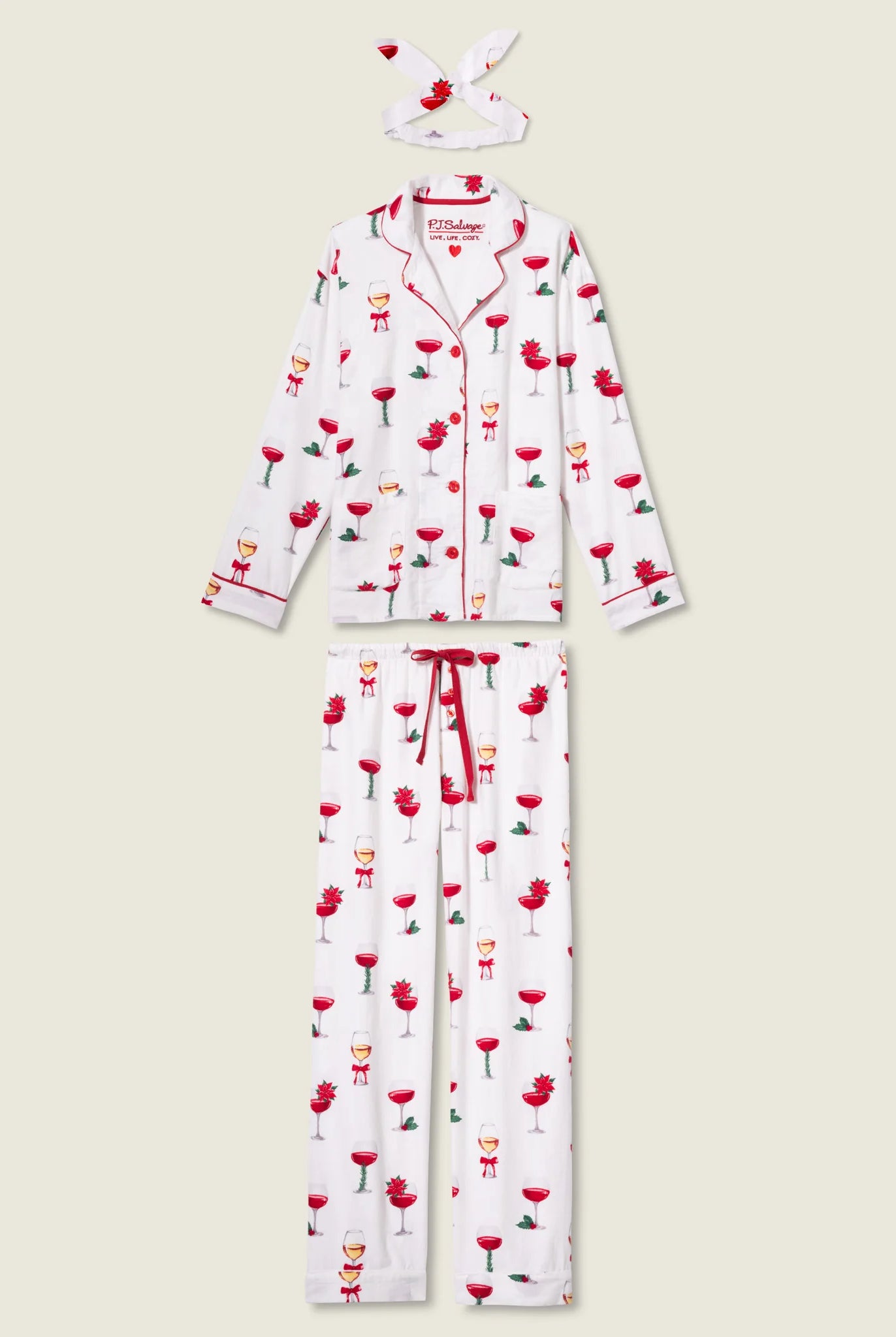 Let's Get Toasty 3-Piece Flannel PJ Set featuring festive wine print on soft fabric for cozy holiday nights.