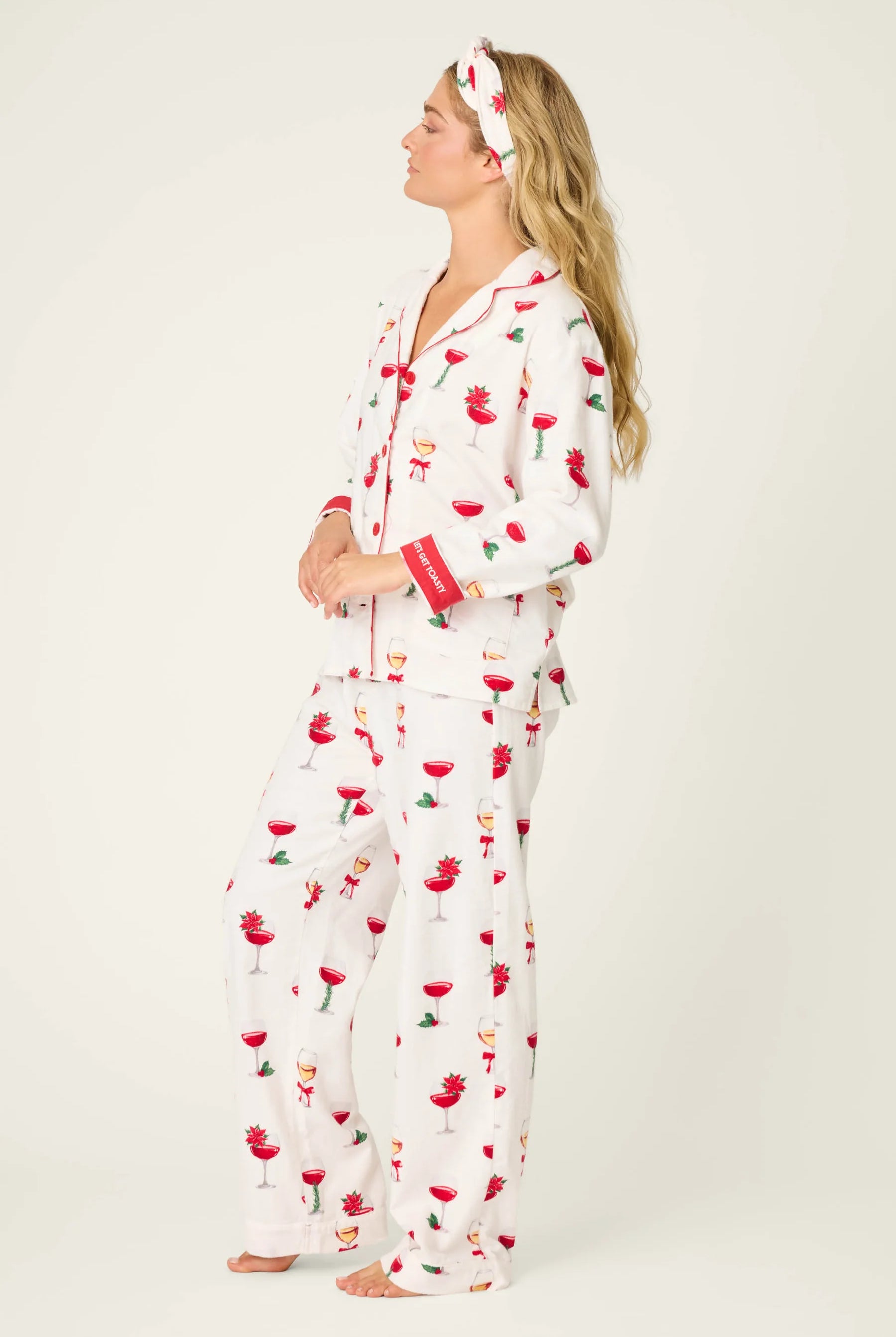 Let's Get Toasty 3-Piece Flannel PJ Set featuring festive wine print on soft fabric for cozy holiday nights.