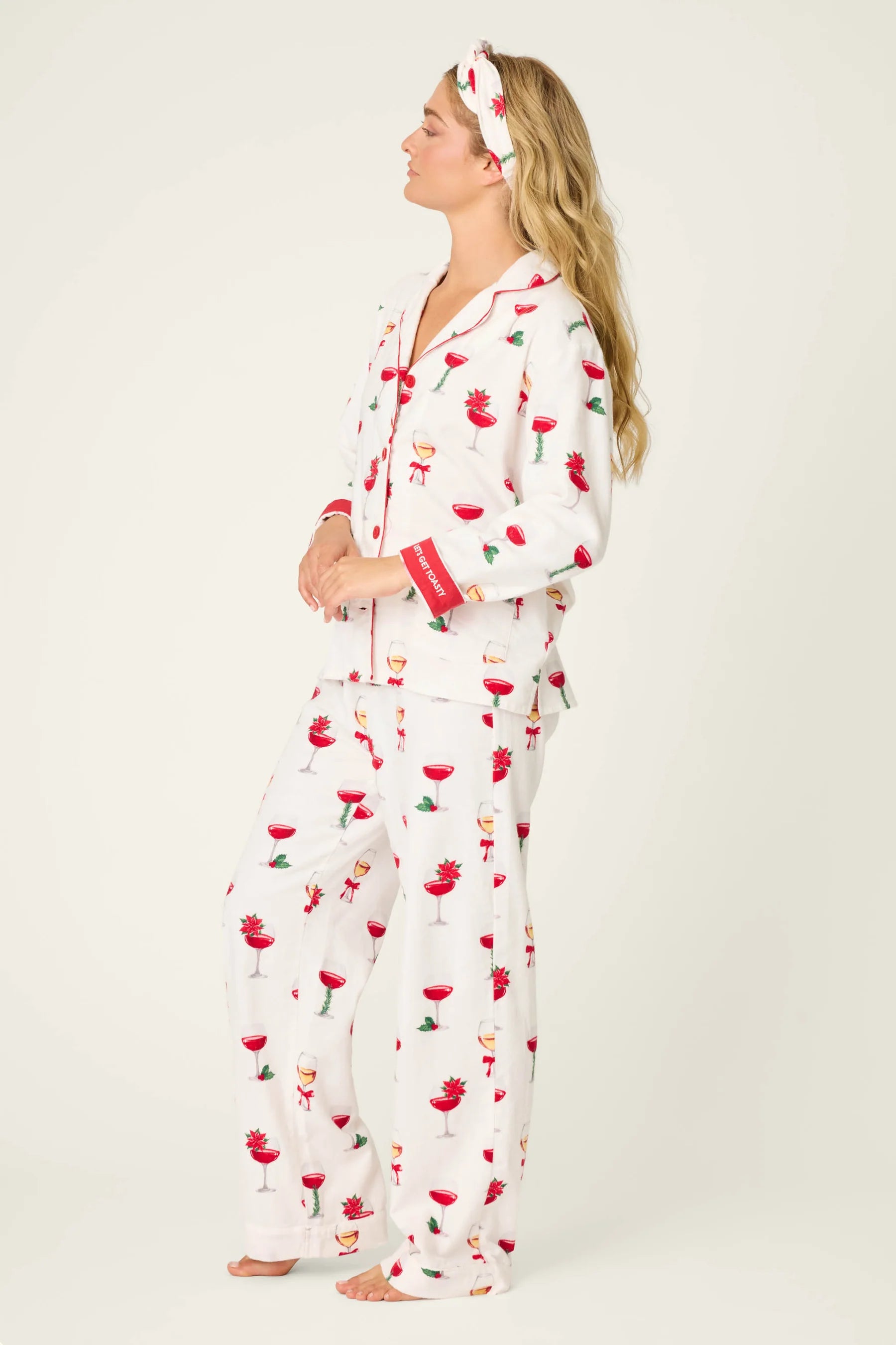 Let's Get Toasty 3-Piece Flannel PJ Set featuring festive wine print on soft fabric for cozy holiday nights.
