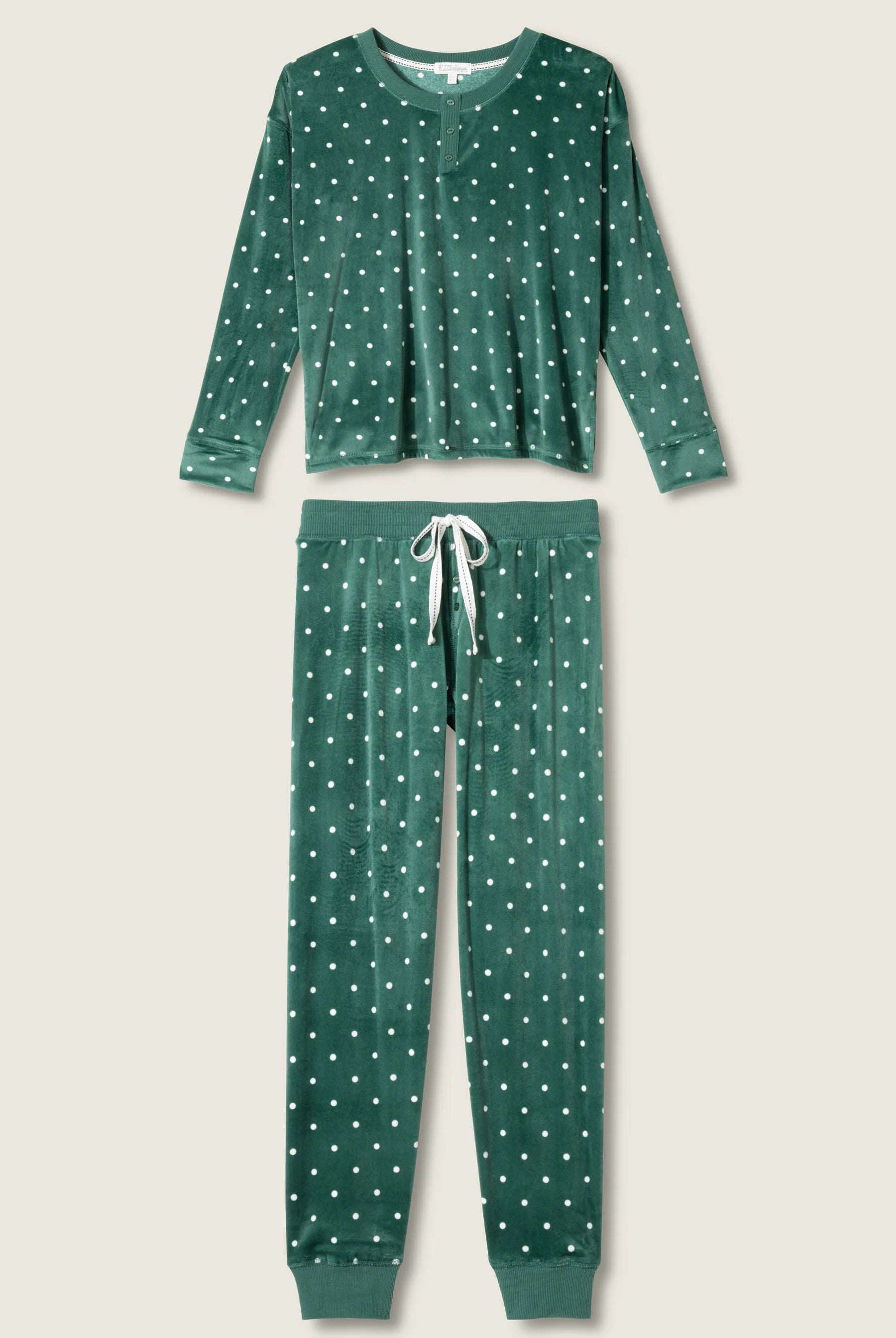 Let's Get Toasty Velour Dot Print PJ Set | Dark Forest Green PJ Salvage Women's white polka dot on a dark green background lightweight velour