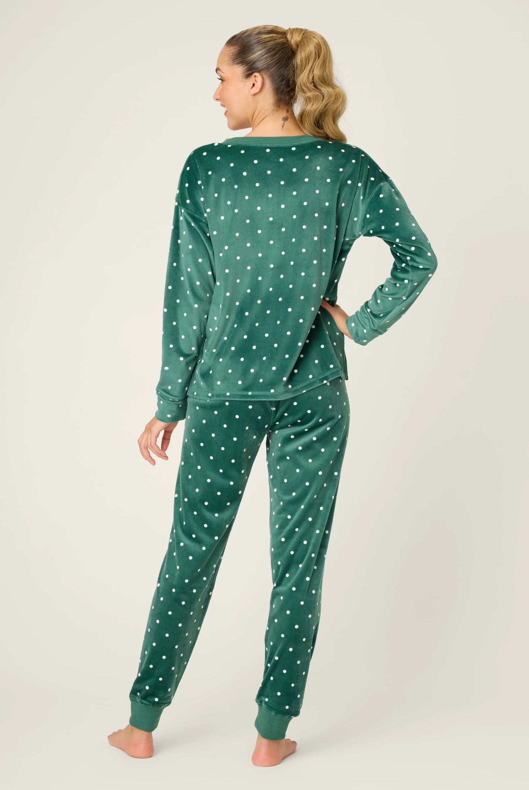 Let's Get Toasty Velour Dot Print PJ Set | Dark Forest Green PJ Salvage Women's white polka dot on a dark green background lightweight velour - Back View