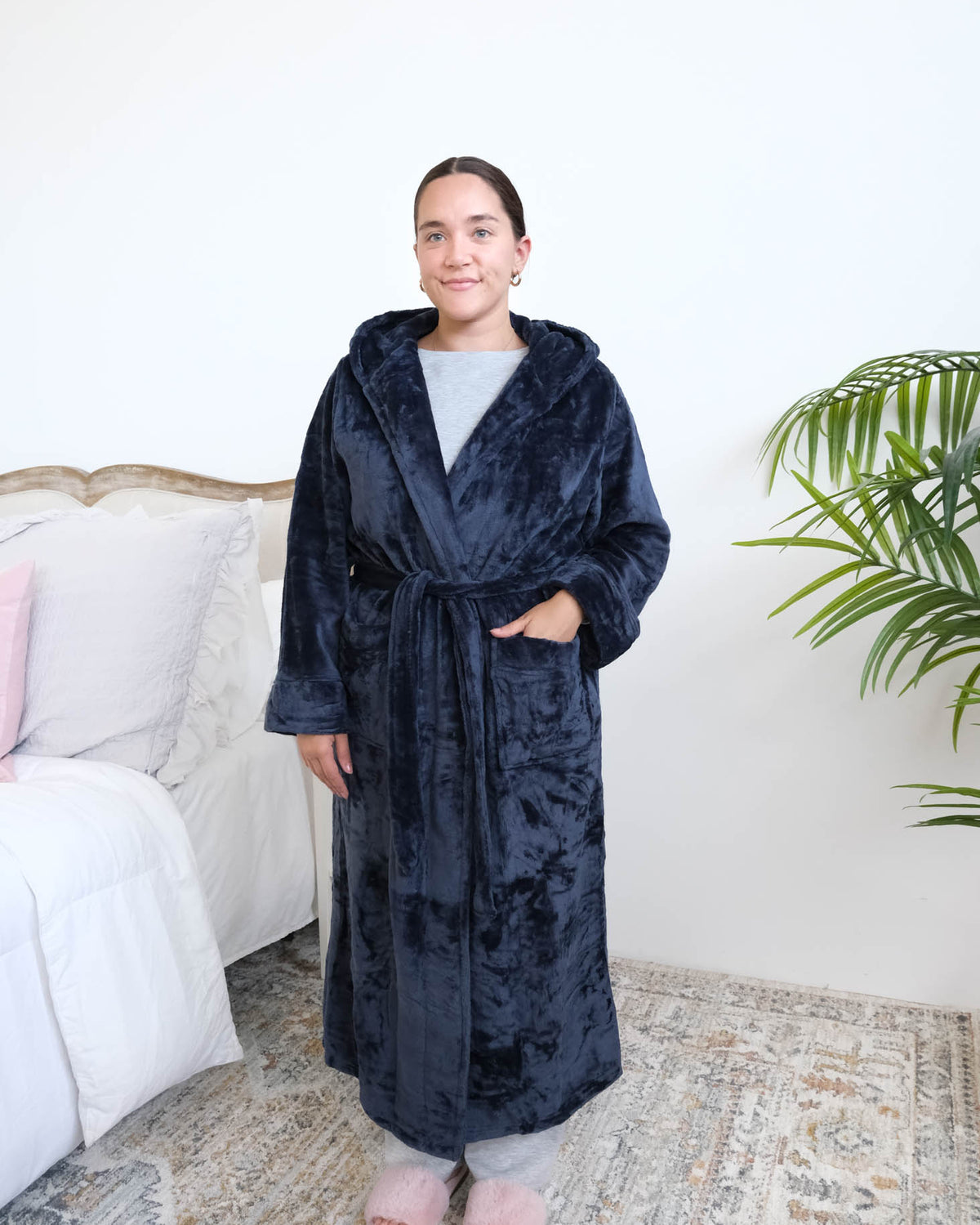 Lounge by Jan Marie Long Hooded Fleece Robe Navy full length front view on model — Cloud Nine Pajamas Edmonton