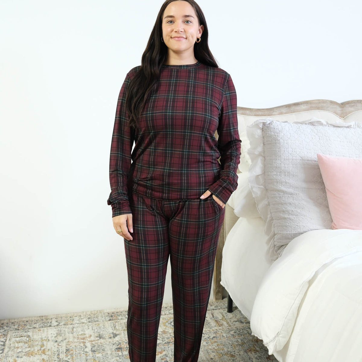 Georgia Rylan Bamboo Plaid Long Sleeve Jogger PJ Set front view burgundy tartan — Cloud Nine Pajamas Edmonton