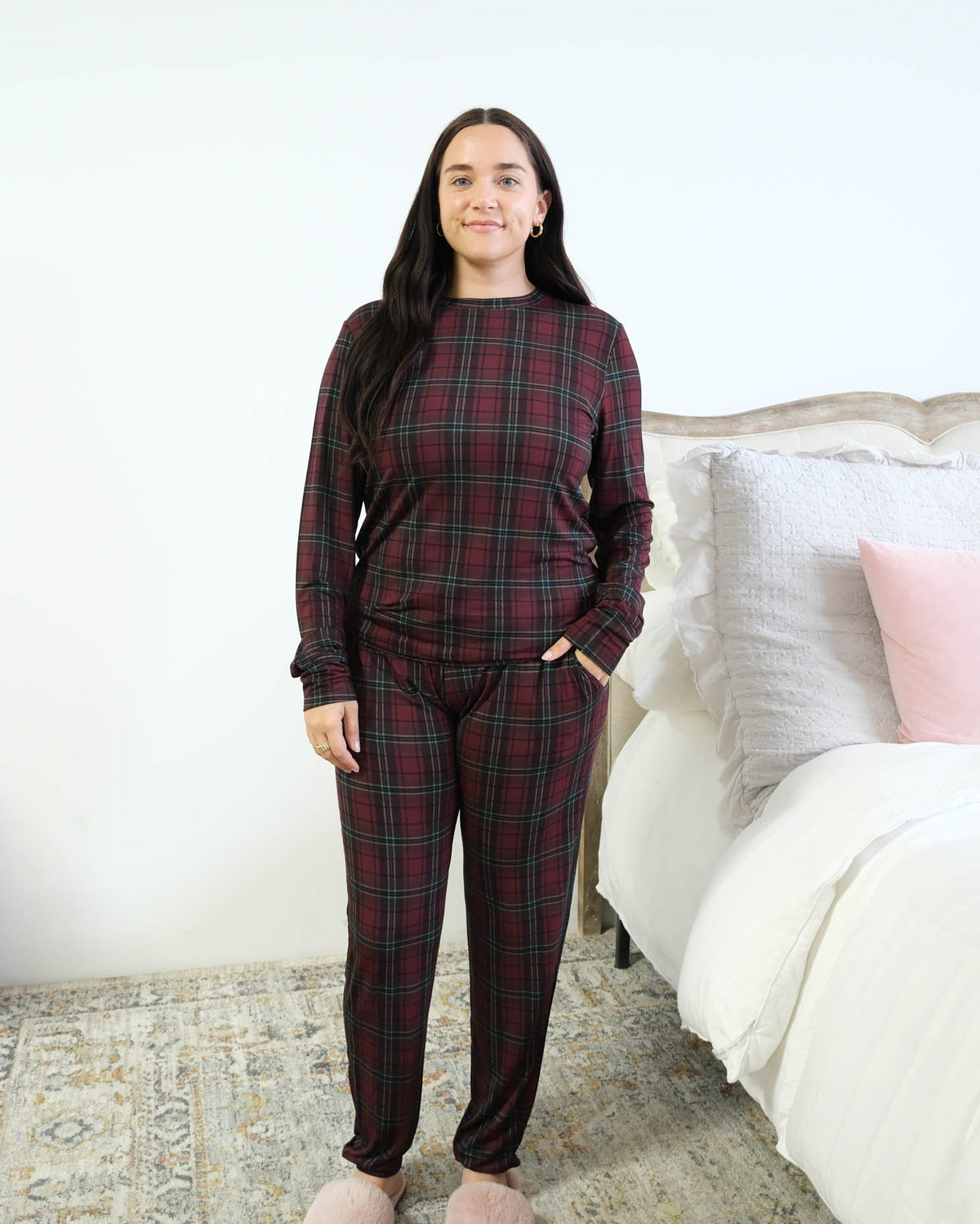 Georgia Rylan Bamboo Plaid Long Sleeve Jogger PJ Set front view burgundy tartan — Cloud Nine Pajamas Edmonton