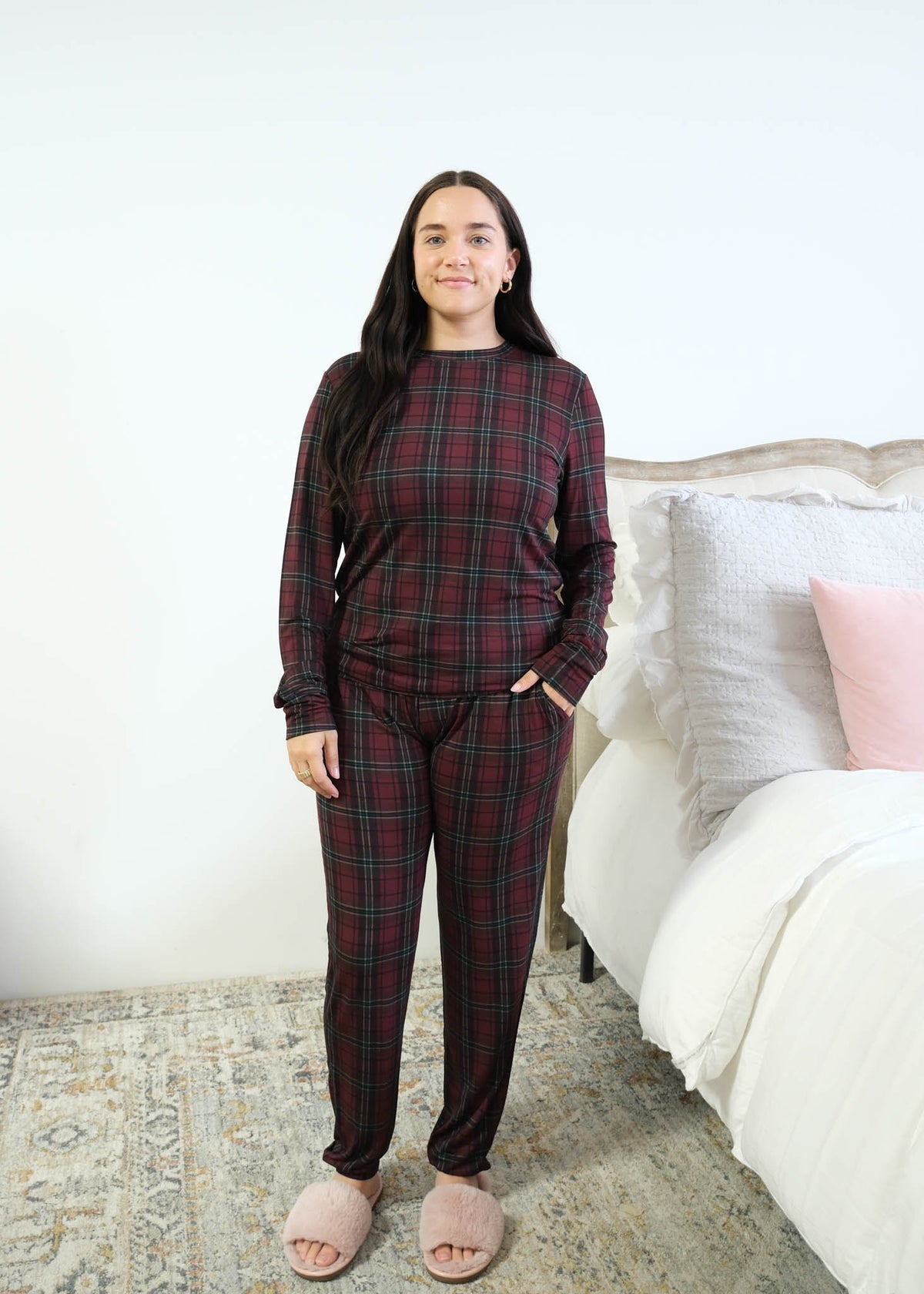 Georgia Rylan Bamboo Plaid Long Sleeve Jogger PJ Set front view burgundy tartan — Cloud Nine Pajamas Edmonton