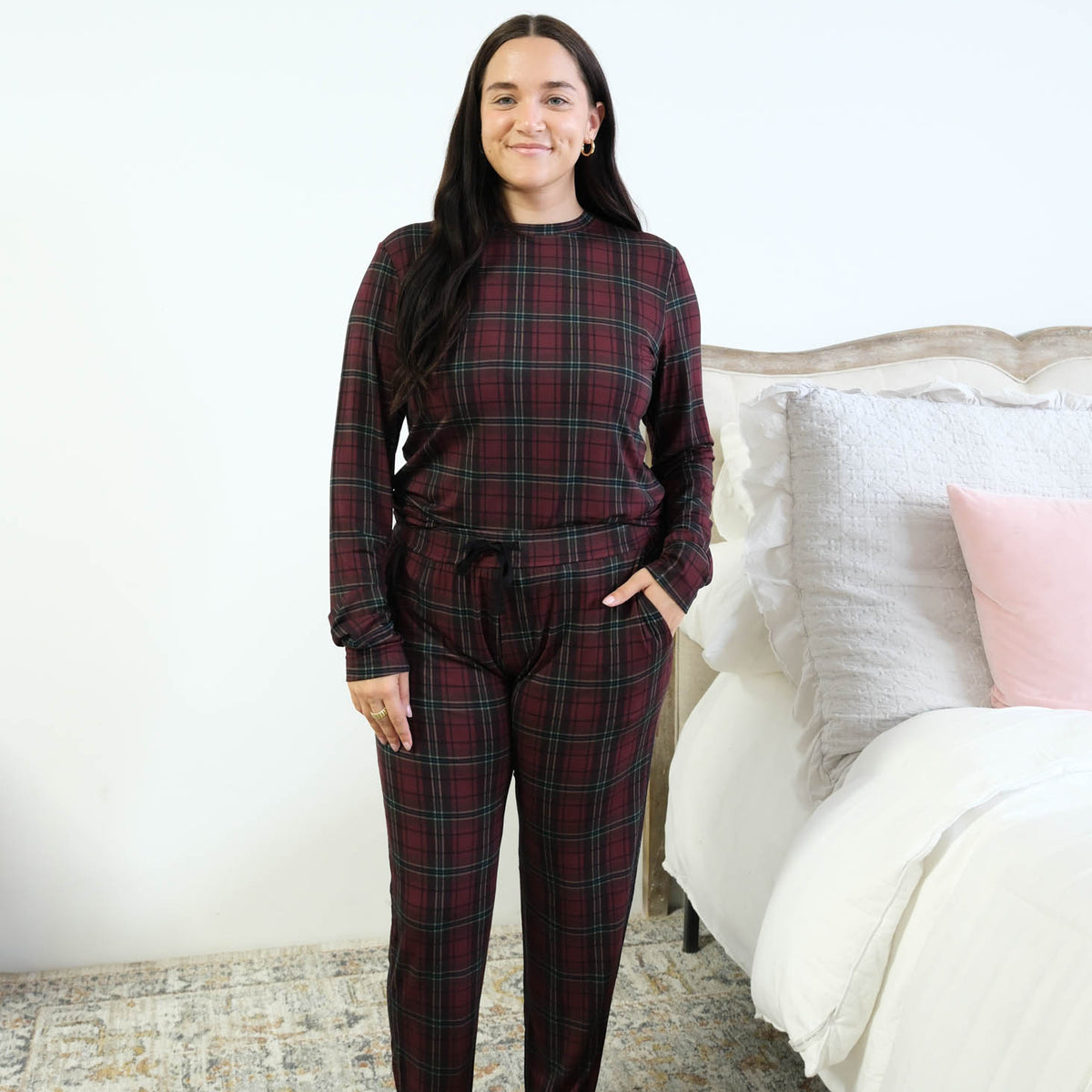 Georgia Rylan Bamboo Plaid PJ Set drawstring waist detail front view — Cloud Nine Pajamas Edmonton