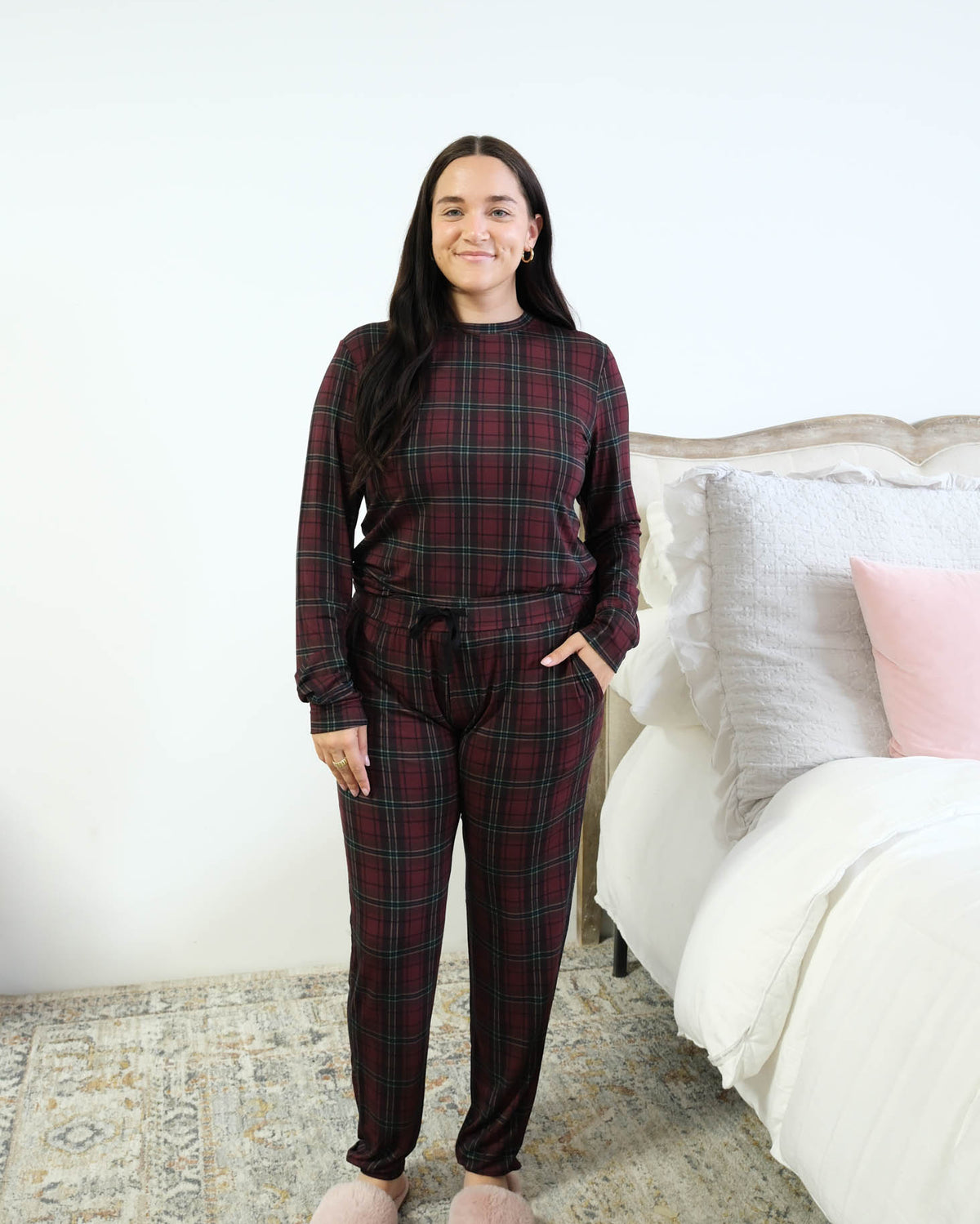 Georgia Rylan Bamboo Plaid PJ Set drawstring waist detail front view — Cloud Nine Pajamas Edmonton